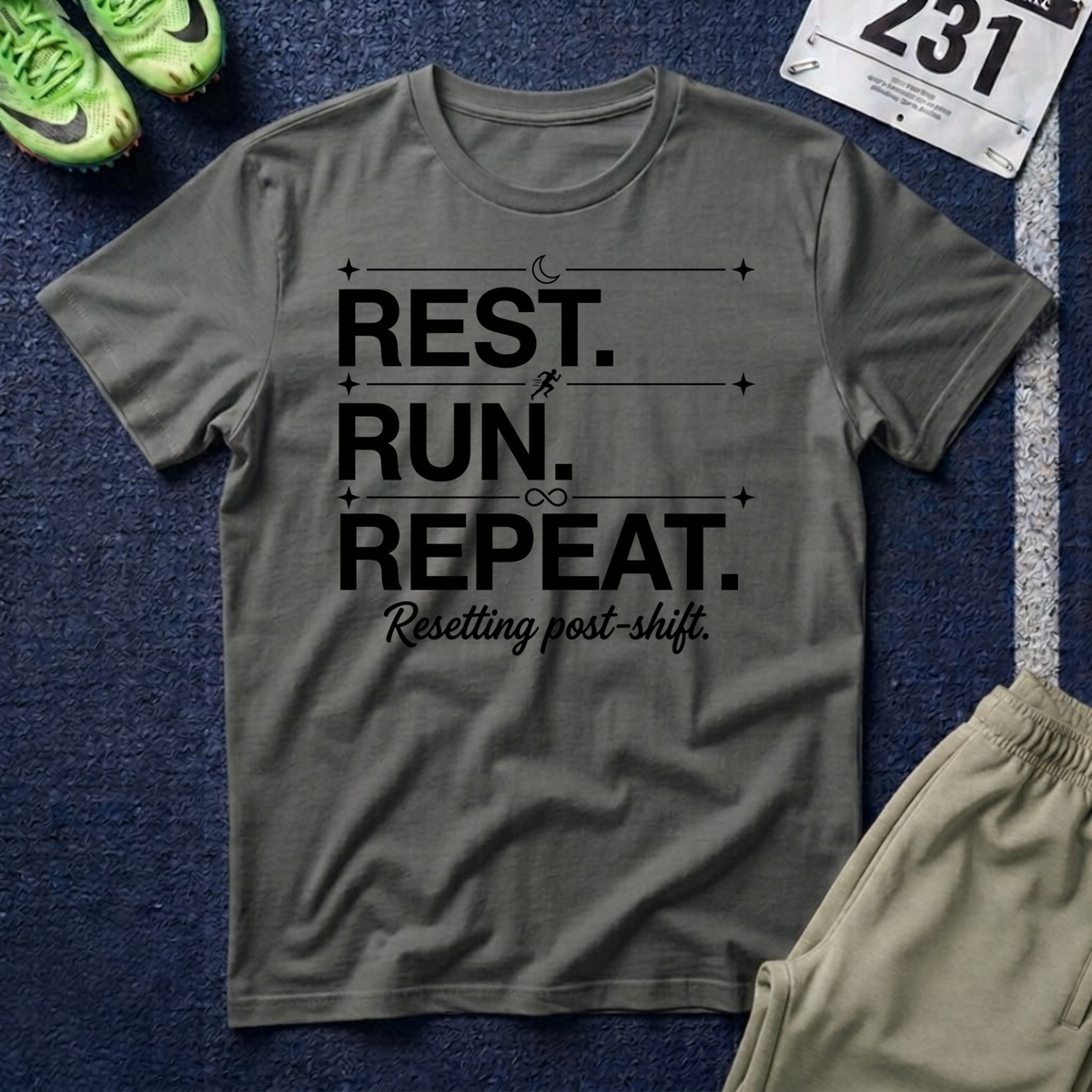 Rest. Run. Repeat. T-Shirt — Inspirational Runner Tee for Recovery & Training