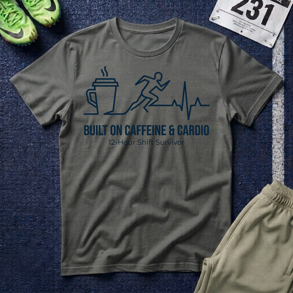 Built on Caffeine & Cardio T-Shirt — 12-Hour Shift Survivor