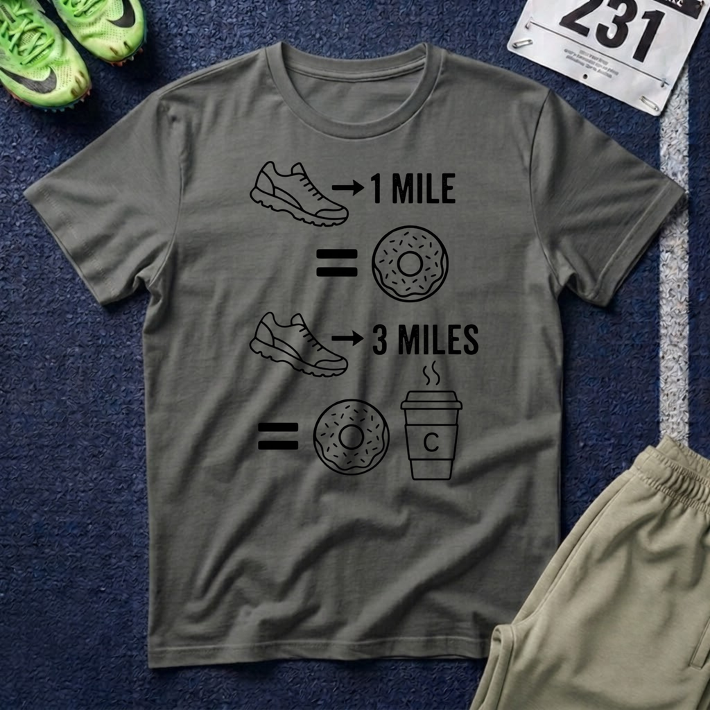 Running Equals Donuts T-Shirt — (1 Mile = Donut, 3 Miles = Coffee & Donut)