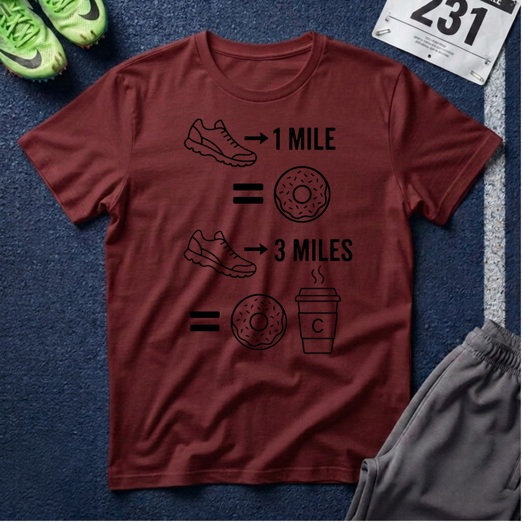Running Equals Donuts T-Shirt — (1 Mile = Donut, 3 Miles = Coffee & Donut)