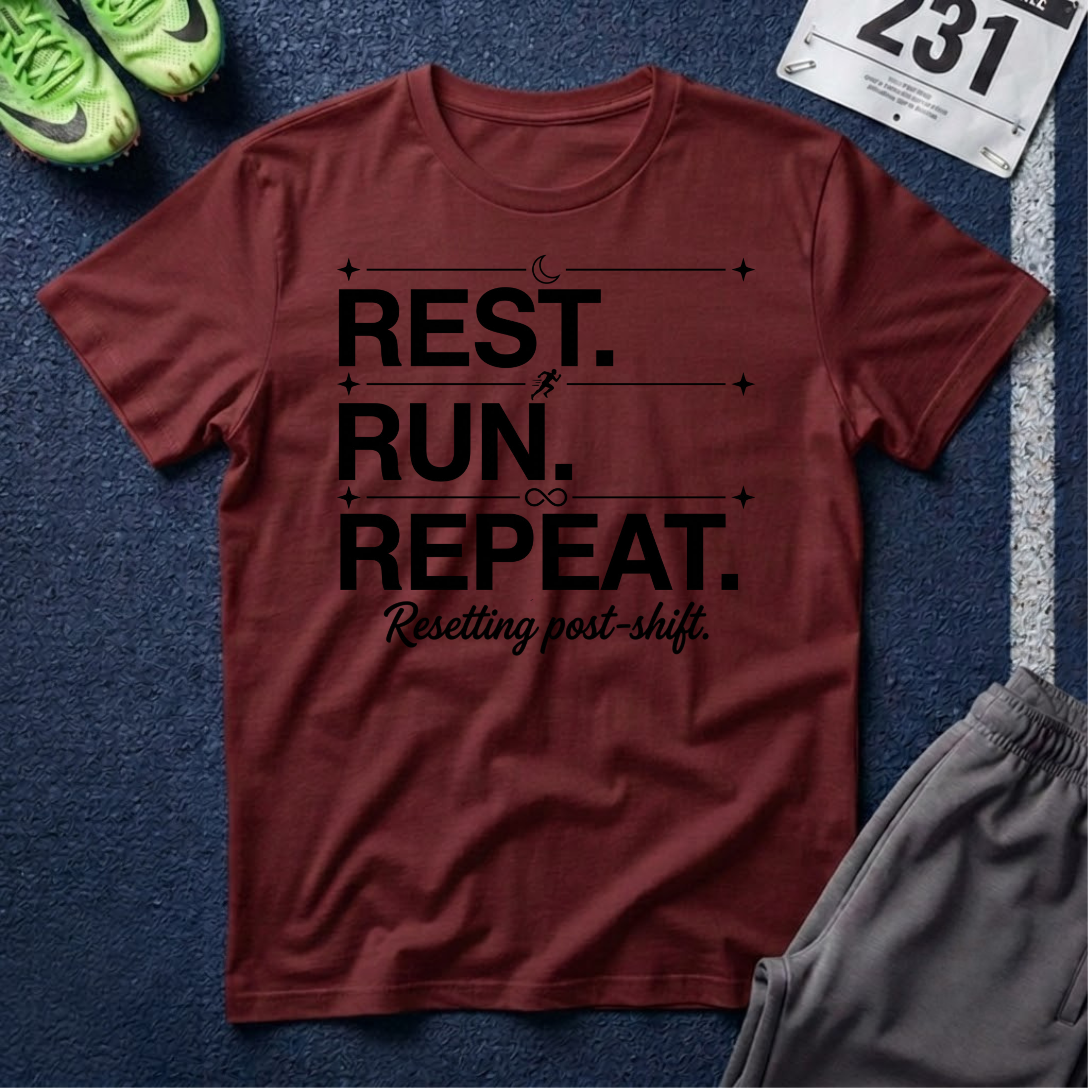 Rest. Run. Repeat. T-Shirt — Inspirational Runner Tee for Recovery & Training
