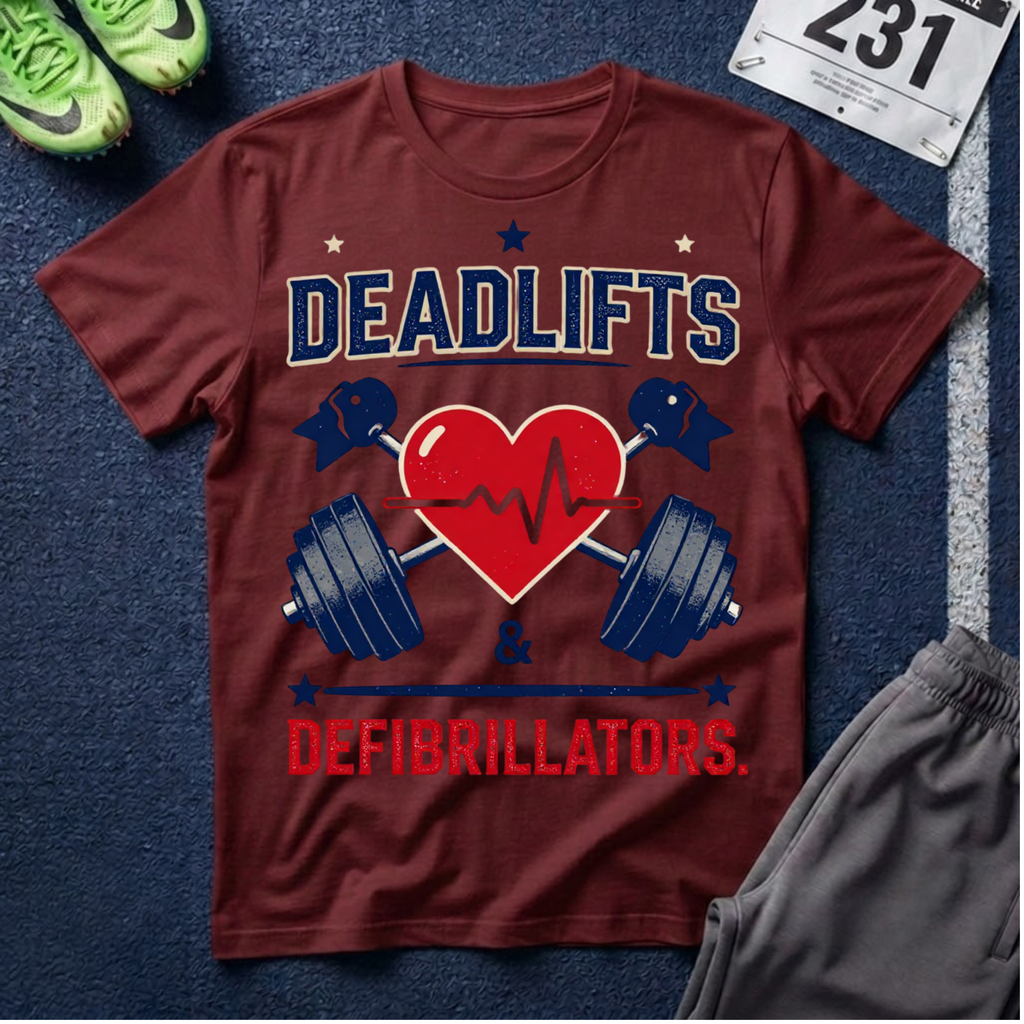 Deadlifts & Defibrillators T-Shirt — Heart of a Lifter Gym Tee