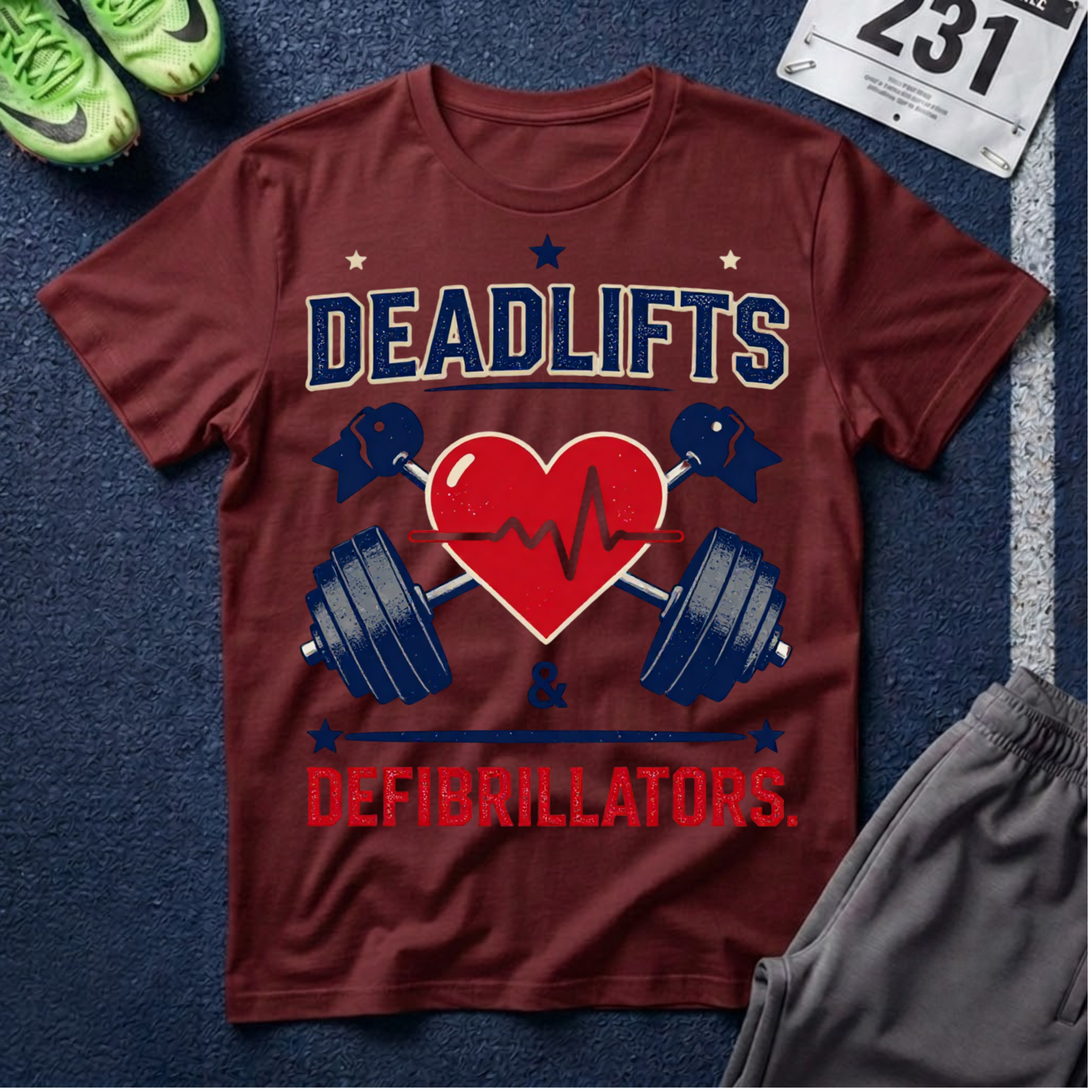 Deadlifts & Defibrillators T-Shirt — Heart of a Lifter Gym Tee