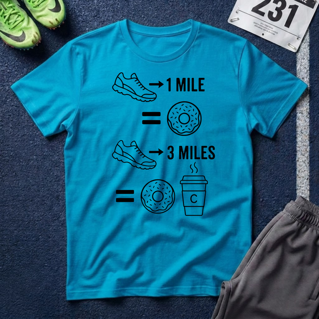 Running Equals Donuts T-Shirt — (1 Mile = Donut, 3 Miles = Coffee & Donut)