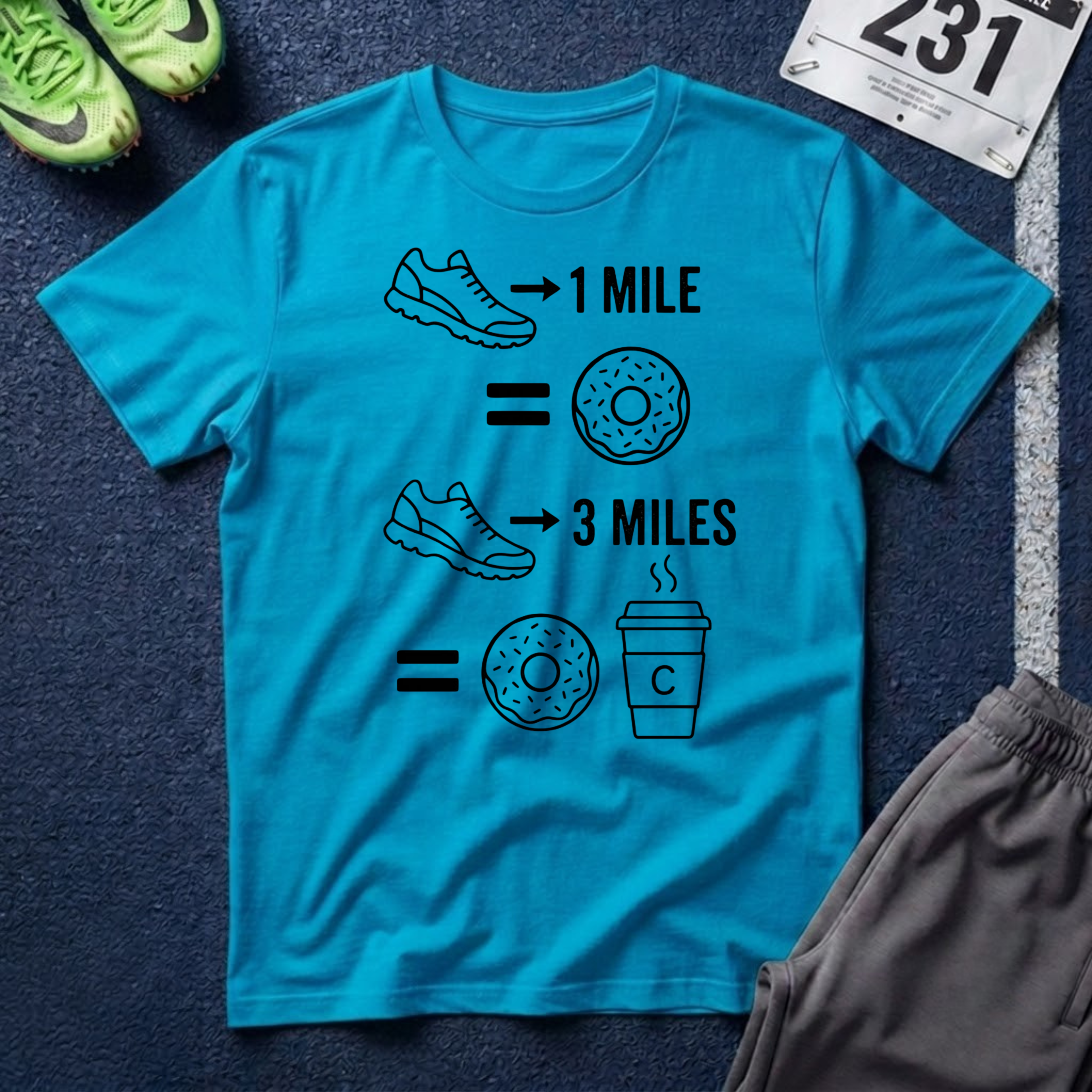 Running Equals Donuts T-Shirt — (1 Mile = Donut, 3 Miles = Coffee & Donut)