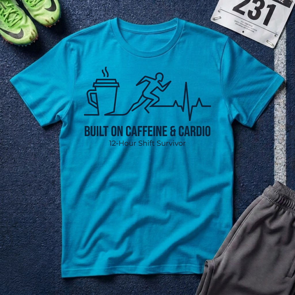 Built on Caffeine & Cardio T-Shirt — 12-Hour Shift Survivor