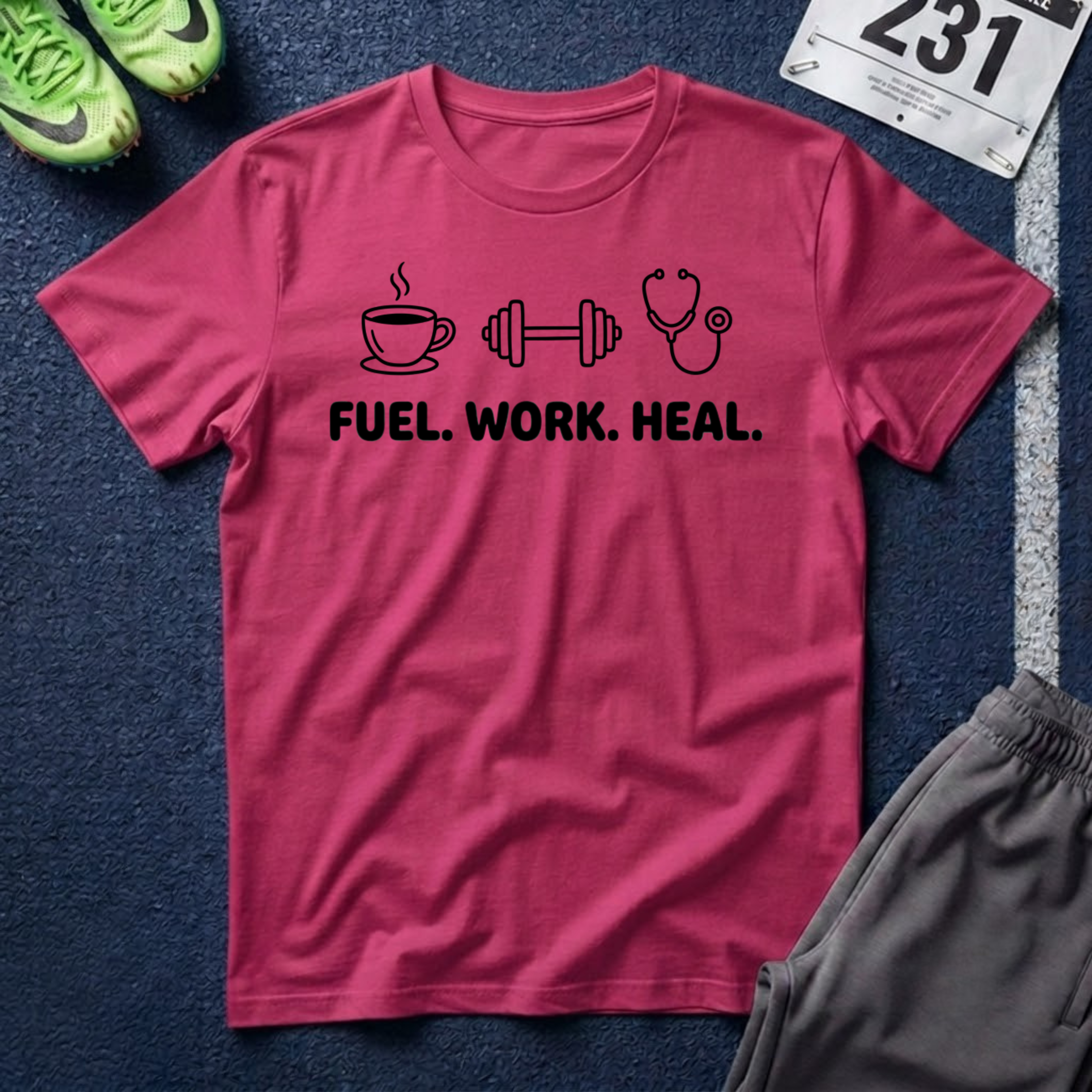Fuel. Work. Heal. T-Shirt — Coffee, Fitness & Healthcare Tee
