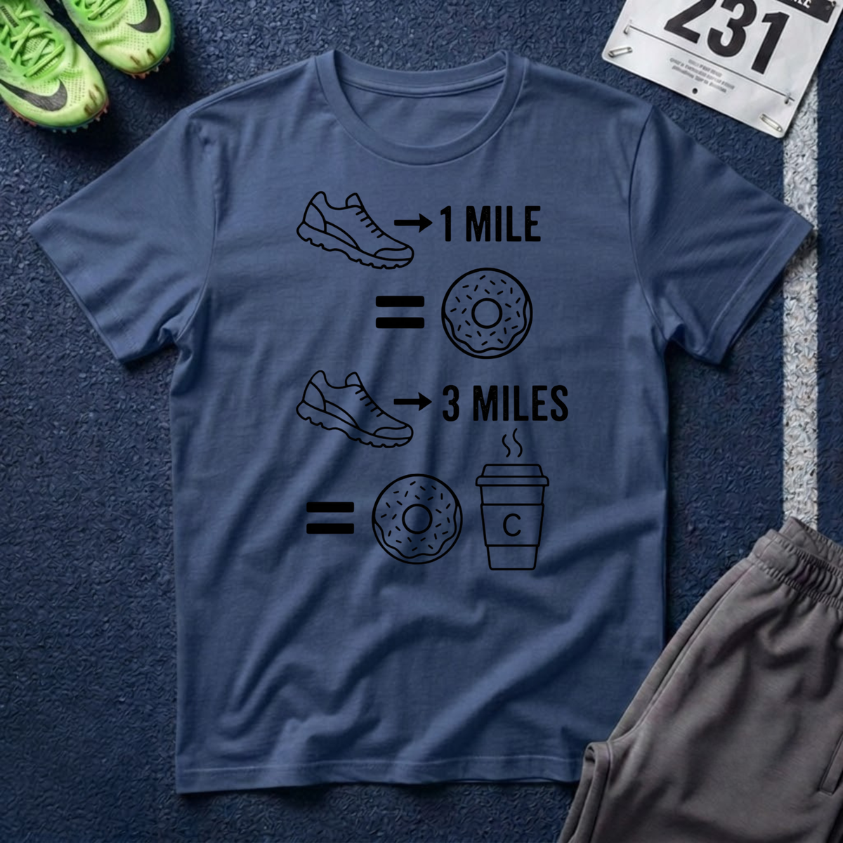 Running Equals Donuts T-Shirt — (1 Mile = Donut, 3 Miles = Coffee & Donut)