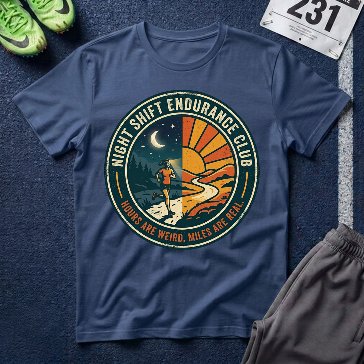 Night Shift Endurance Club T-Shirt — Retro Sunrise & Moon Hiker Tee