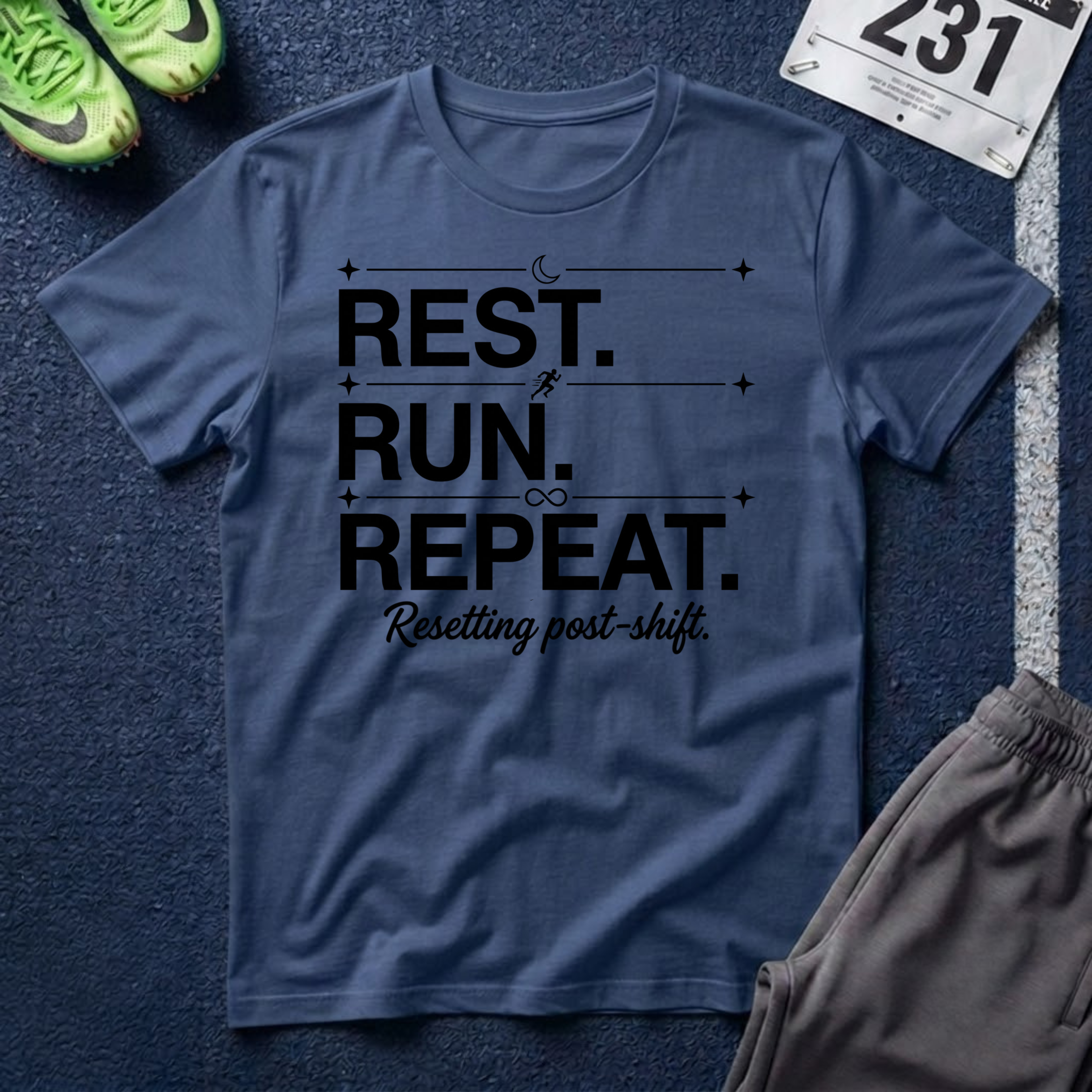 Rest. Run. Repeat. T-Shirt — Inspirational Runner Tee for Recovery & Training
