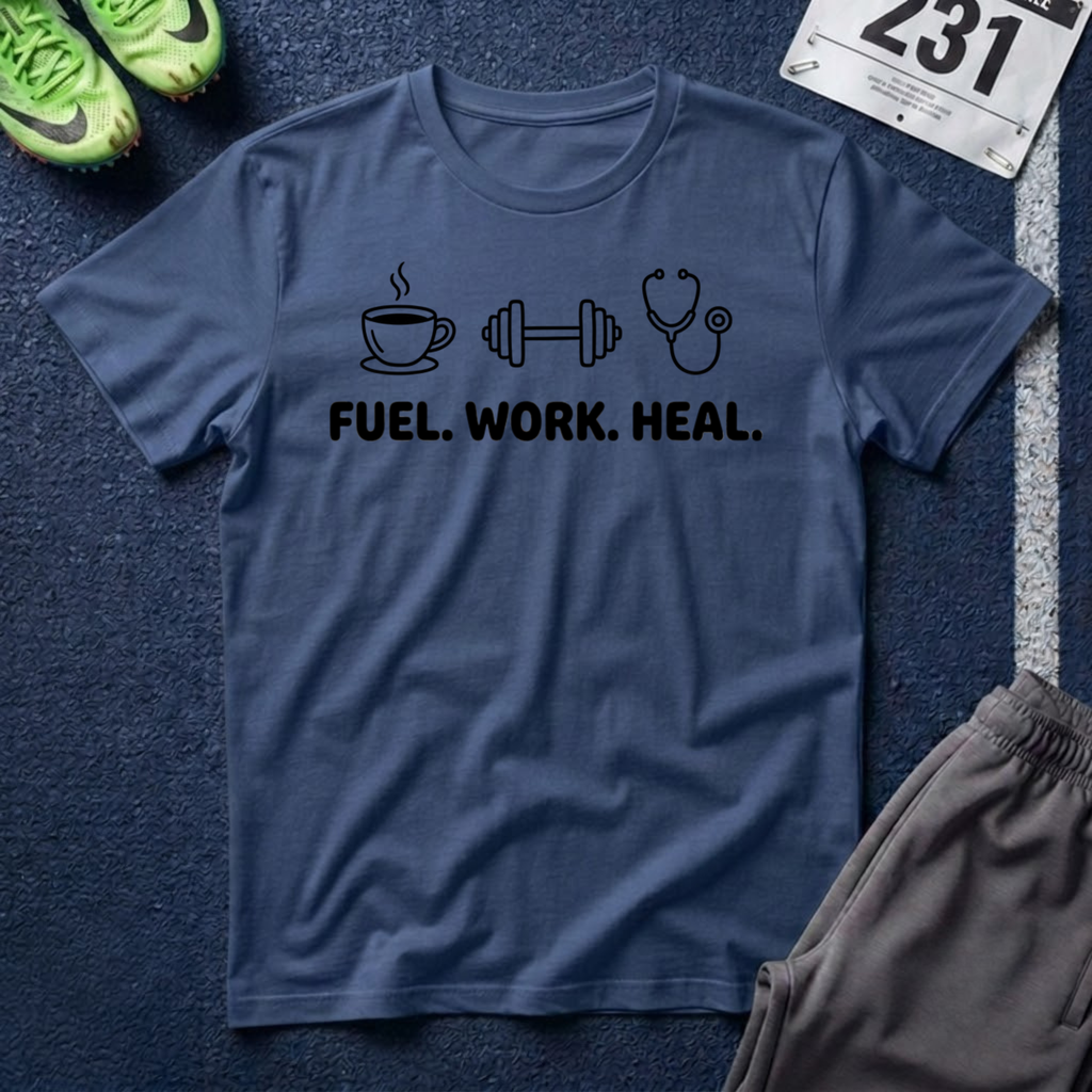 Fuel. Work. Heal. T-Shirt — Coffee, Fitness & Healthcare Tee