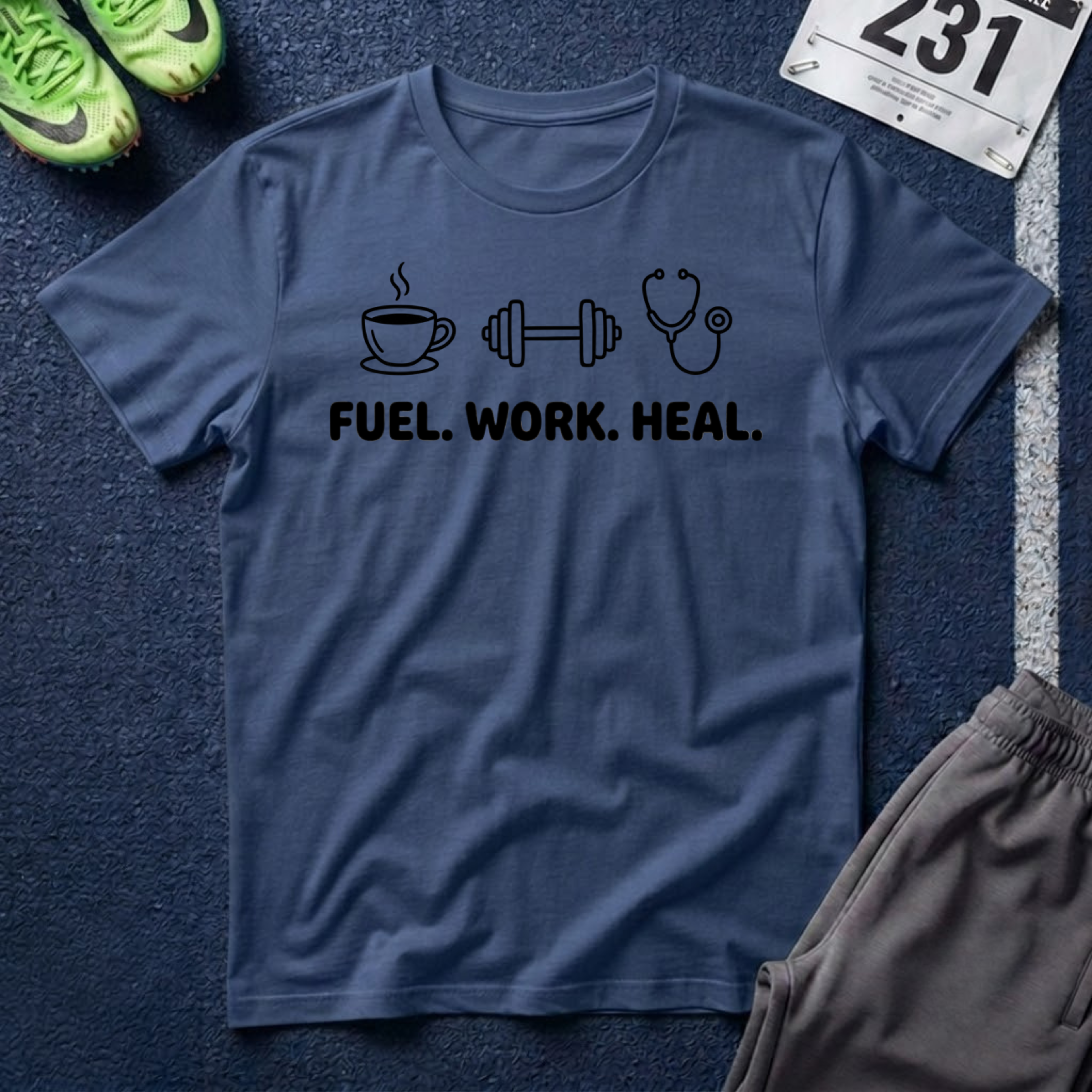 Fuel. Work. Heal. T-Shirt — Coffee, Fitness & Healthcare Tee