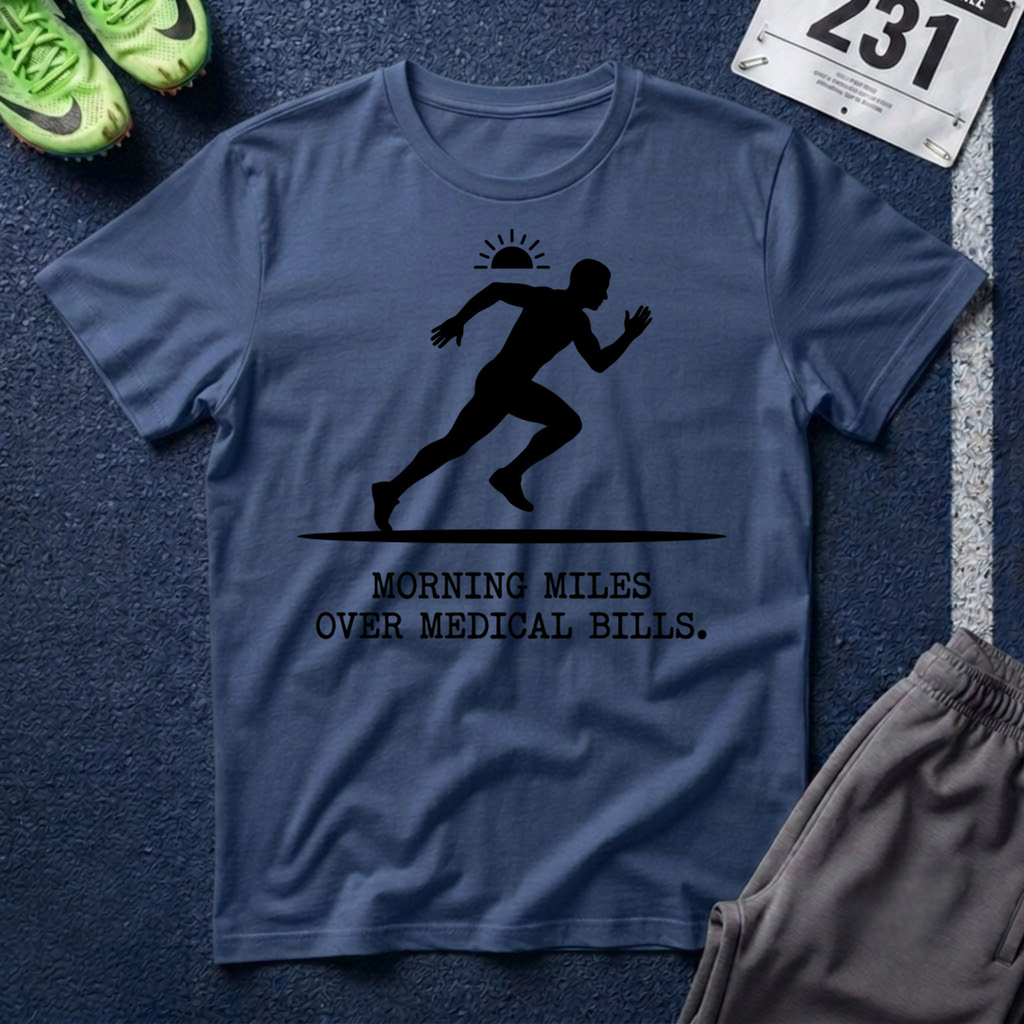 Running Silhouette T-Shirt — “Morning Miles Over Medical Bills”