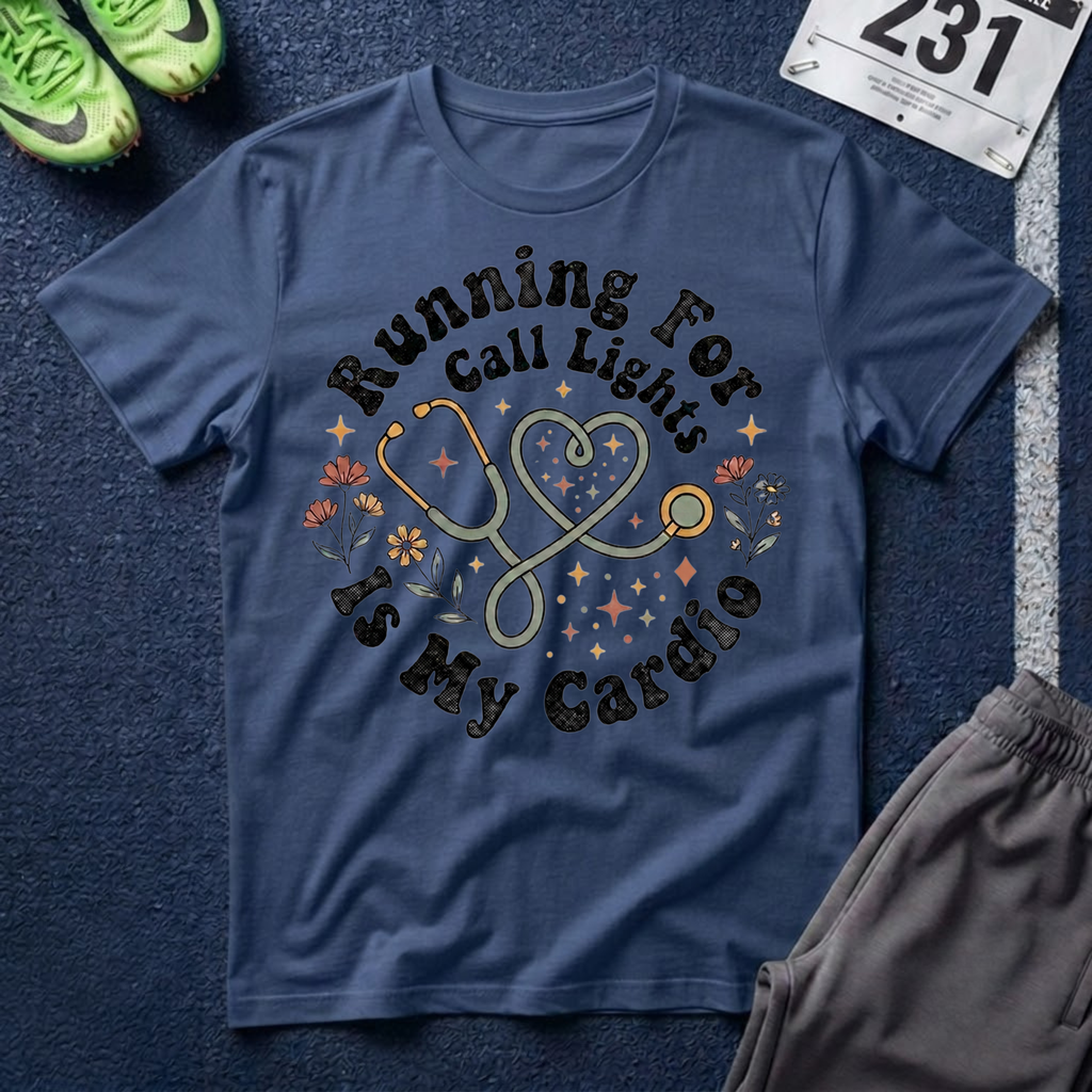 "Running For Call Lights Is My Cardio" T-Shirt - Nurse Stethoscope Tee