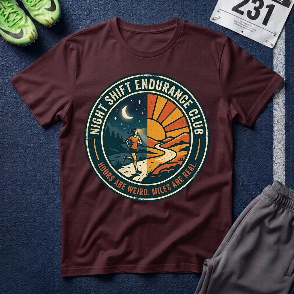 Night Shift Endurance Club T-Shirt — Retro Sunrise & Moon Hiker Tee