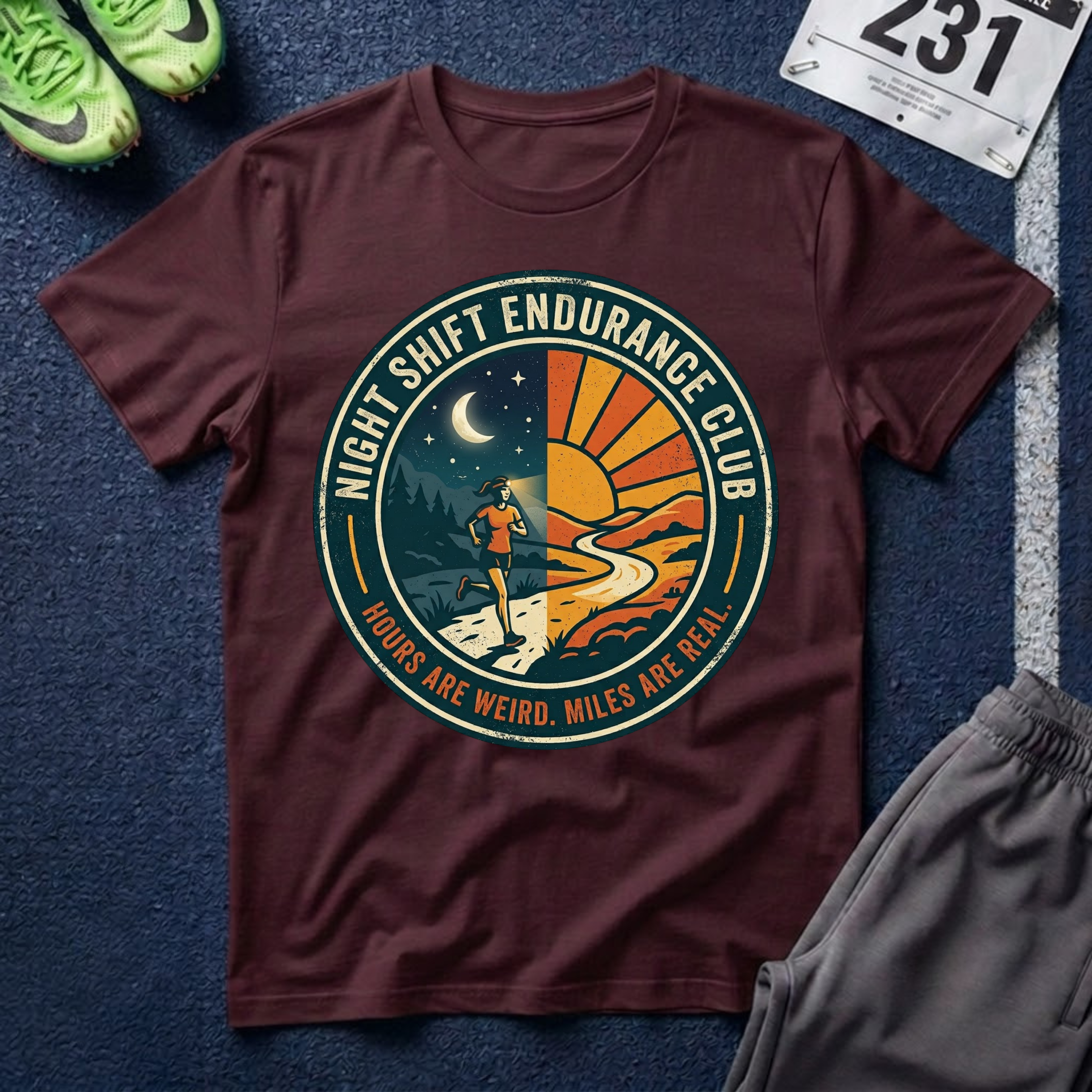 Night Shift Endurance Club T-Shirt — Retro Sunrise & Moon Hiker Tee
