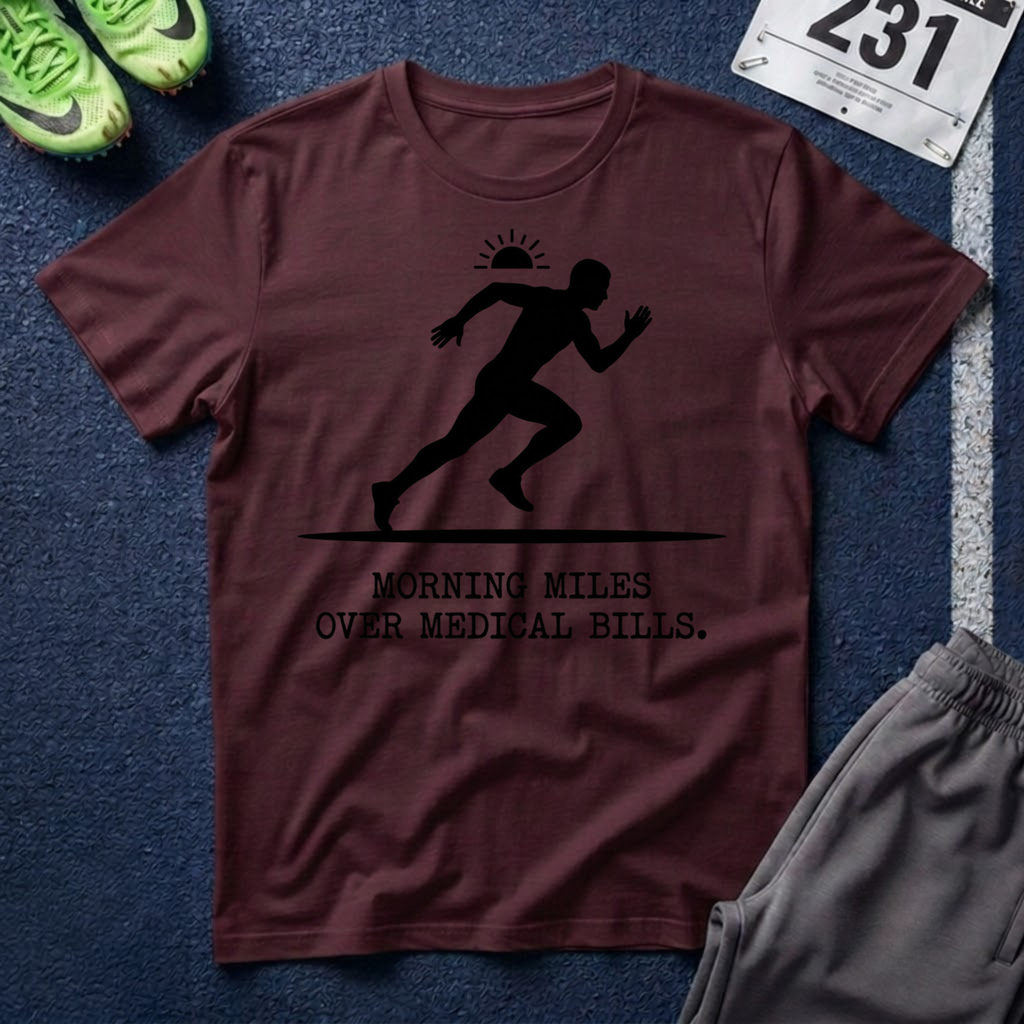 Running Silhouette T-Shirt — “Morning Miles Over Medical Bills”