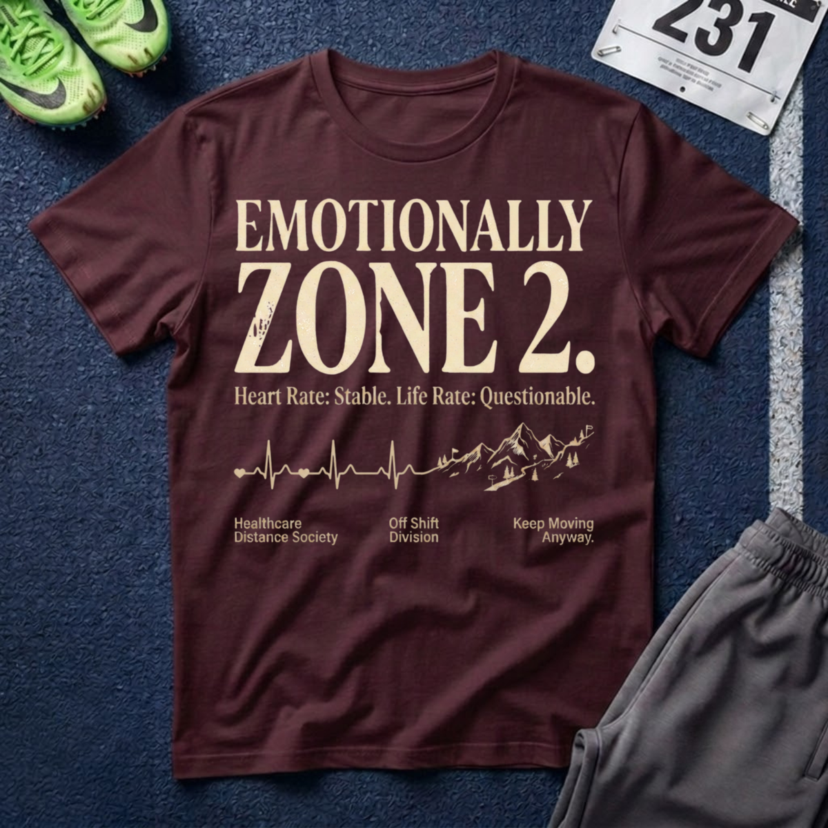 Emotionally Zone 2 T‑Shirt — "Heart Rate: Stable. Life Rate: Questionable."