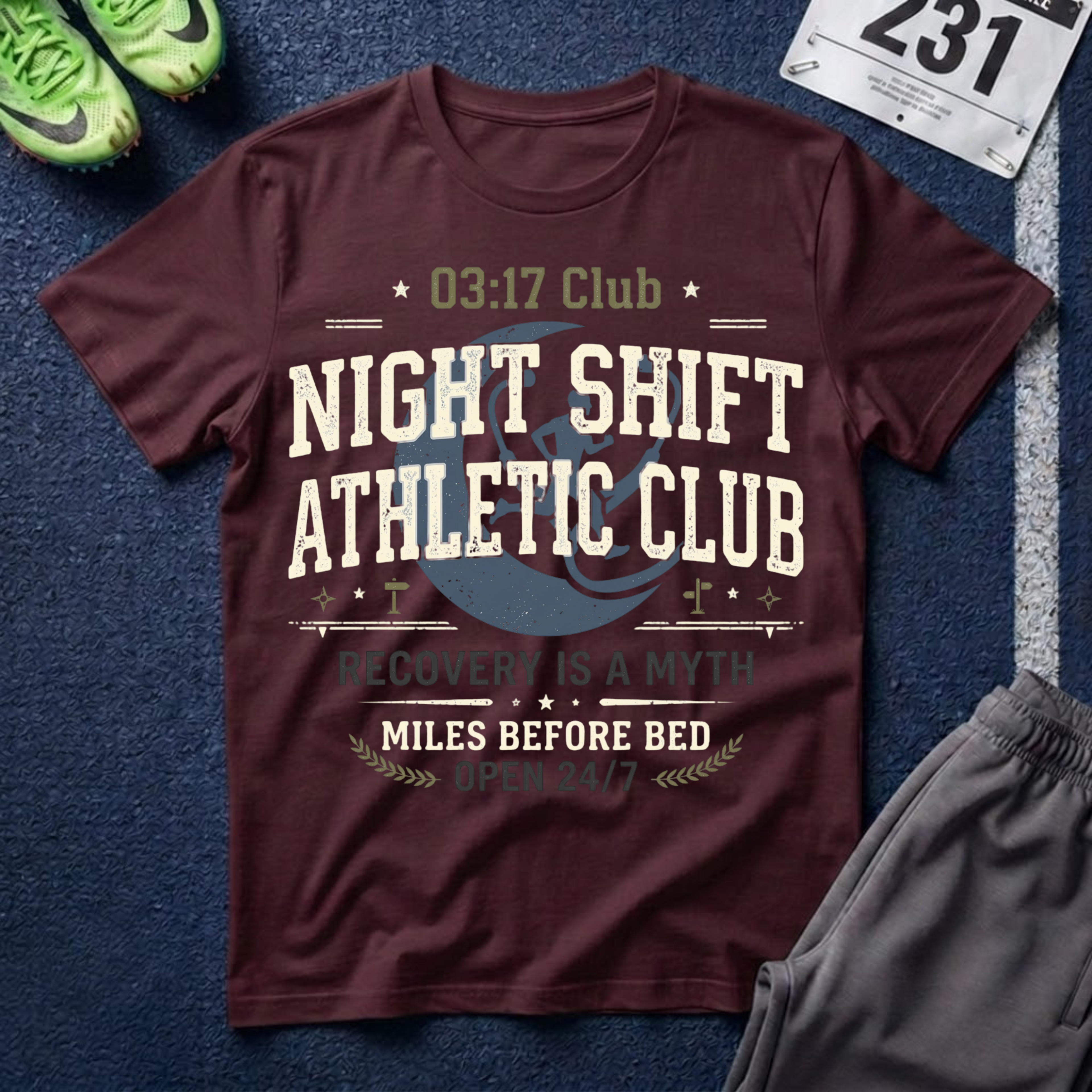 Night Shift Athletic Club T-Shirt — 03:17 Club Recovery Is A Myth Crew Tee