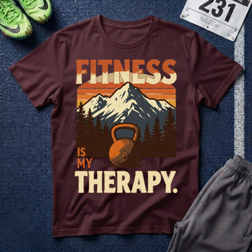 Fitness Is My Therapy T-Shirt — Vintage Mountain Kettlebell Workout Tee