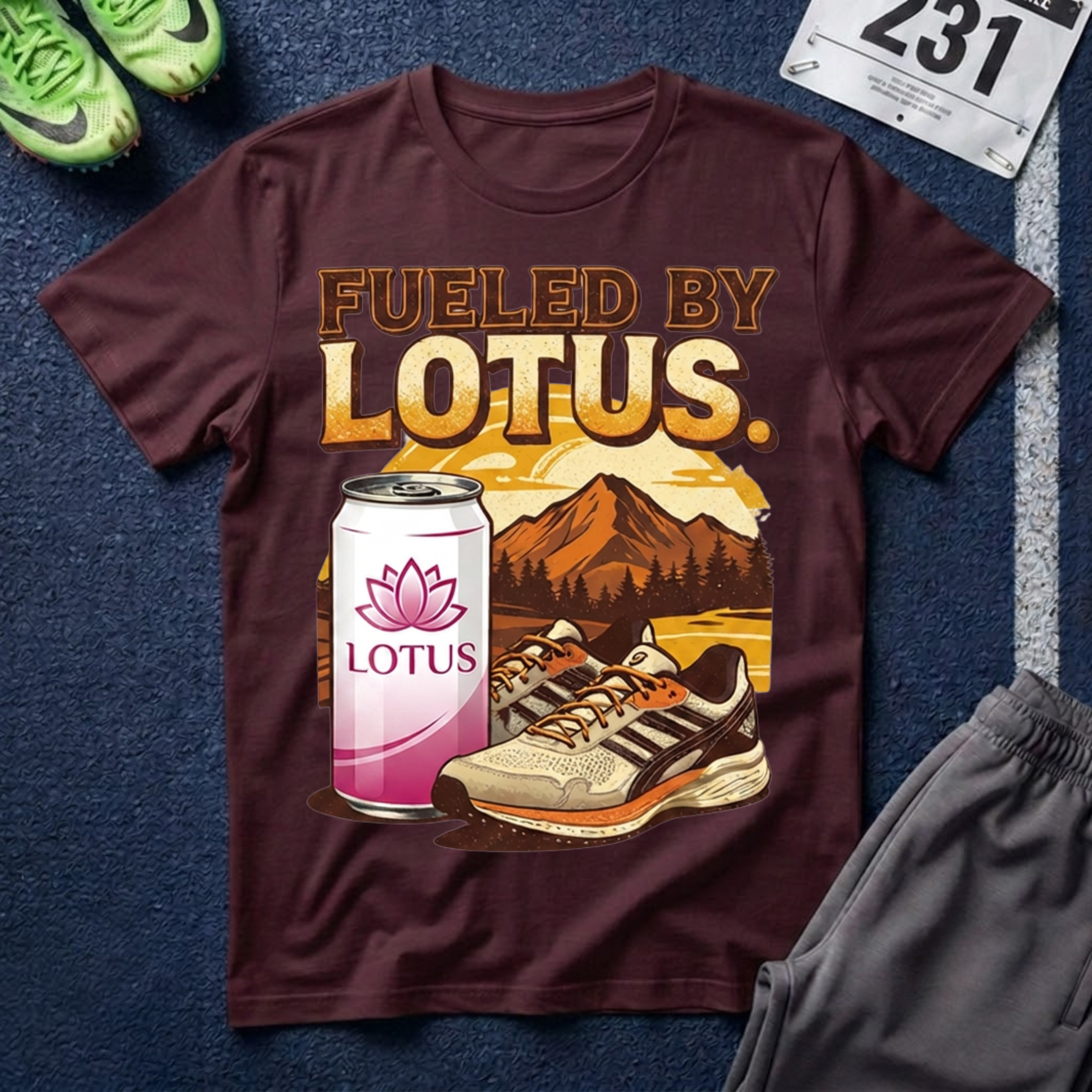 Fueled By Lotus T-Shirt — Retro Mountain Lotus Drink Graphic Tee