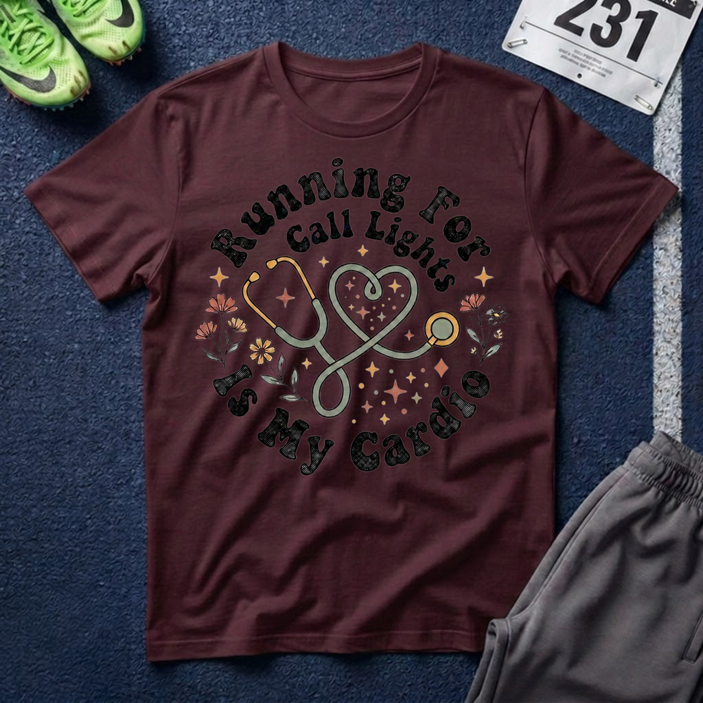 "Running For Call Lights Is My Cardio" T-Shirt - Nurse Stethoscope Tee