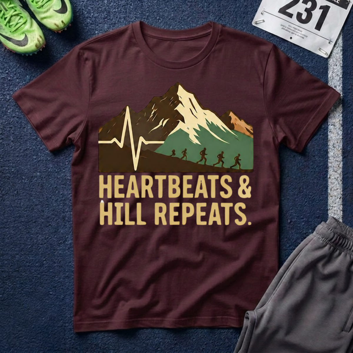 Hiking Mountain Tee — "Heartbeats & Hill Repeats" Outdoor Adventure T-Shirt