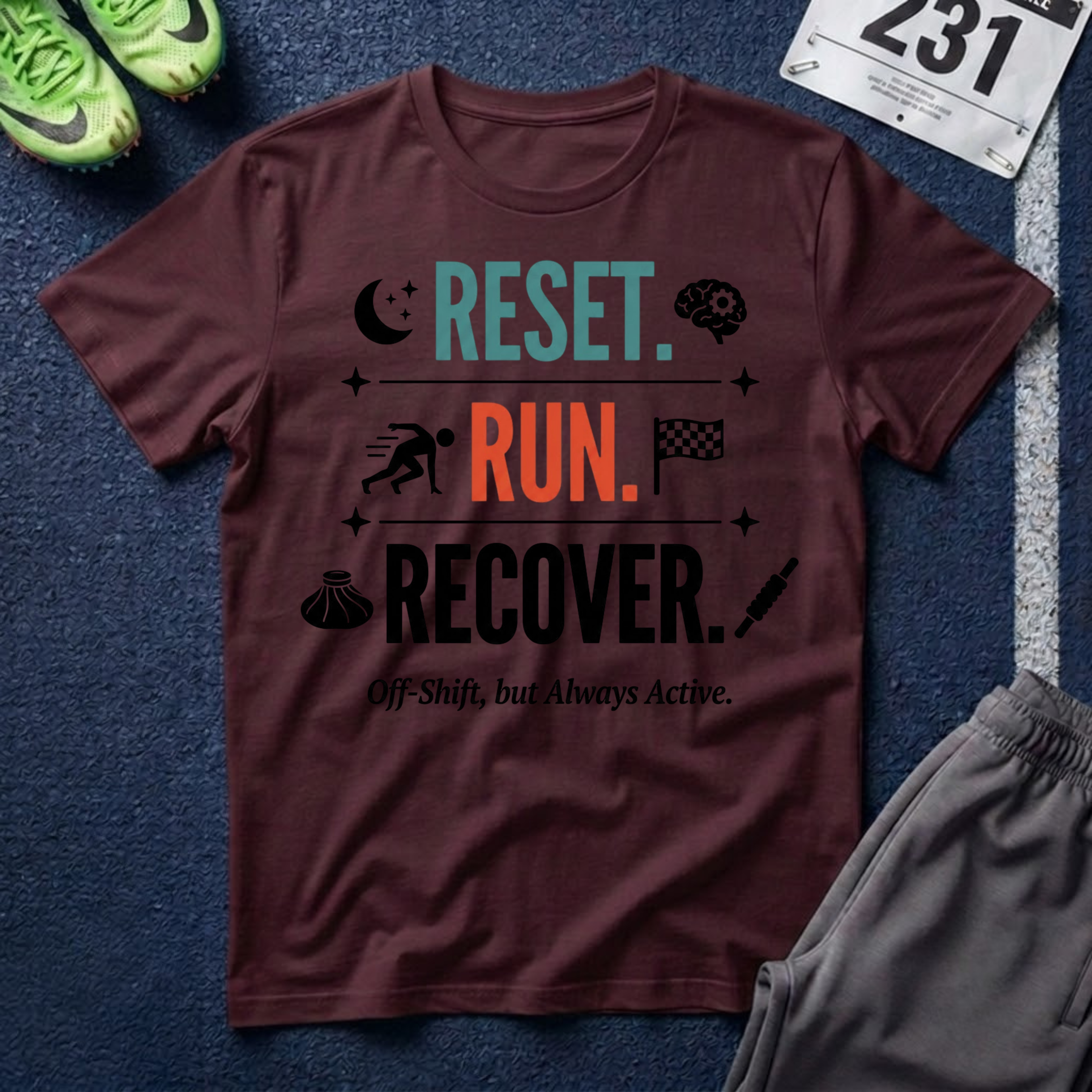 Run Recovery T-Shirt — "Reset. Run. Recover." Motivational Running Tee