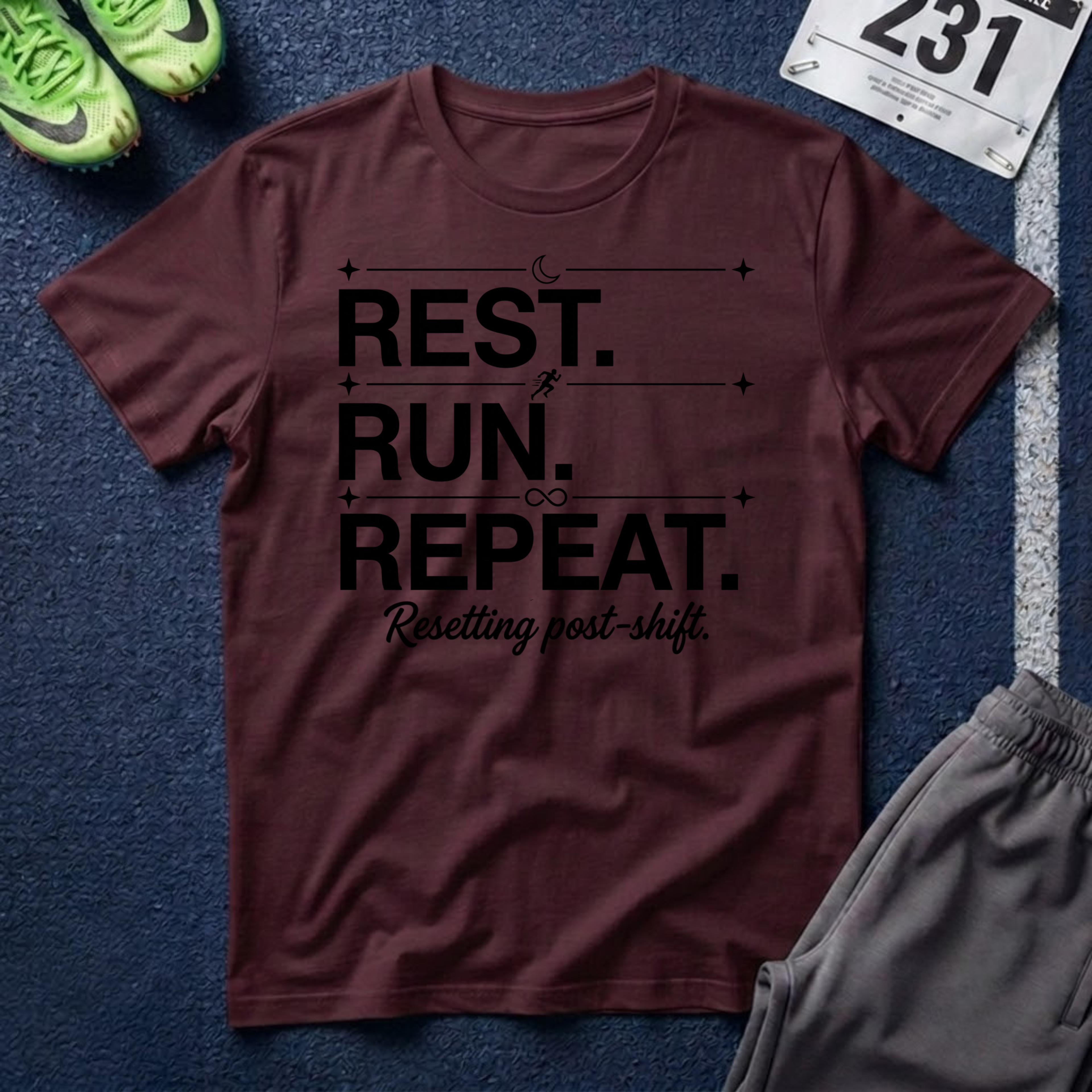 Rest. Run. Repeat. T-Shirt — Inspirational Runner Tee for Recovery & Training