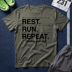 Rest. Run. Repeat. T-Shirt — Inspirational Runner Tee for Recovery & Training