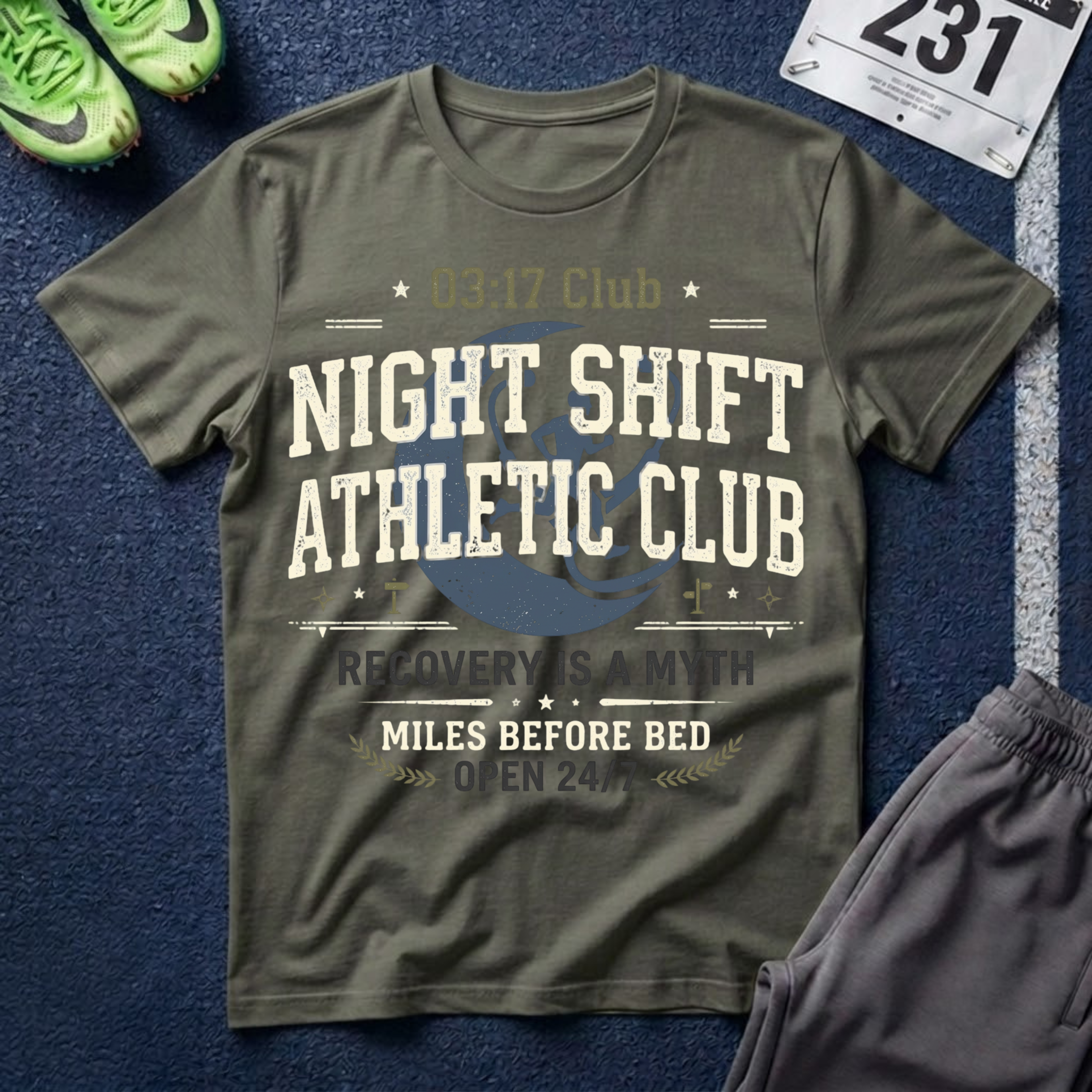 Night Shift Athletic Club T-Shirt — 03:17 Club Recovery Is A Myth Crew Tee