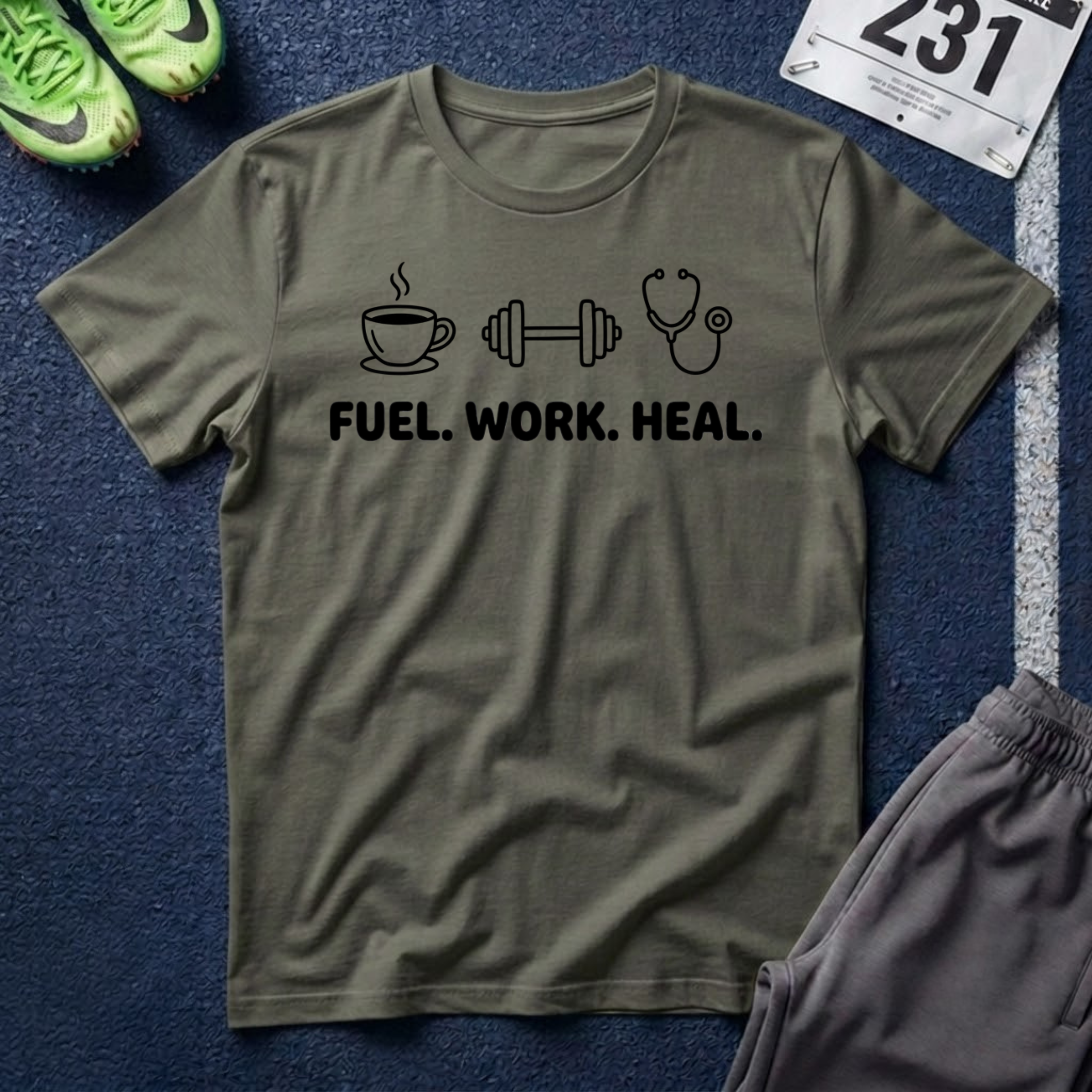 Fuel. Work. Heal. T-Shirt — Coffee, Fitness & Healthcare Tee
