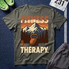 Fitness Is My Therapy T-Shirt — Vintage Mountain Kettlebell Workout Tee