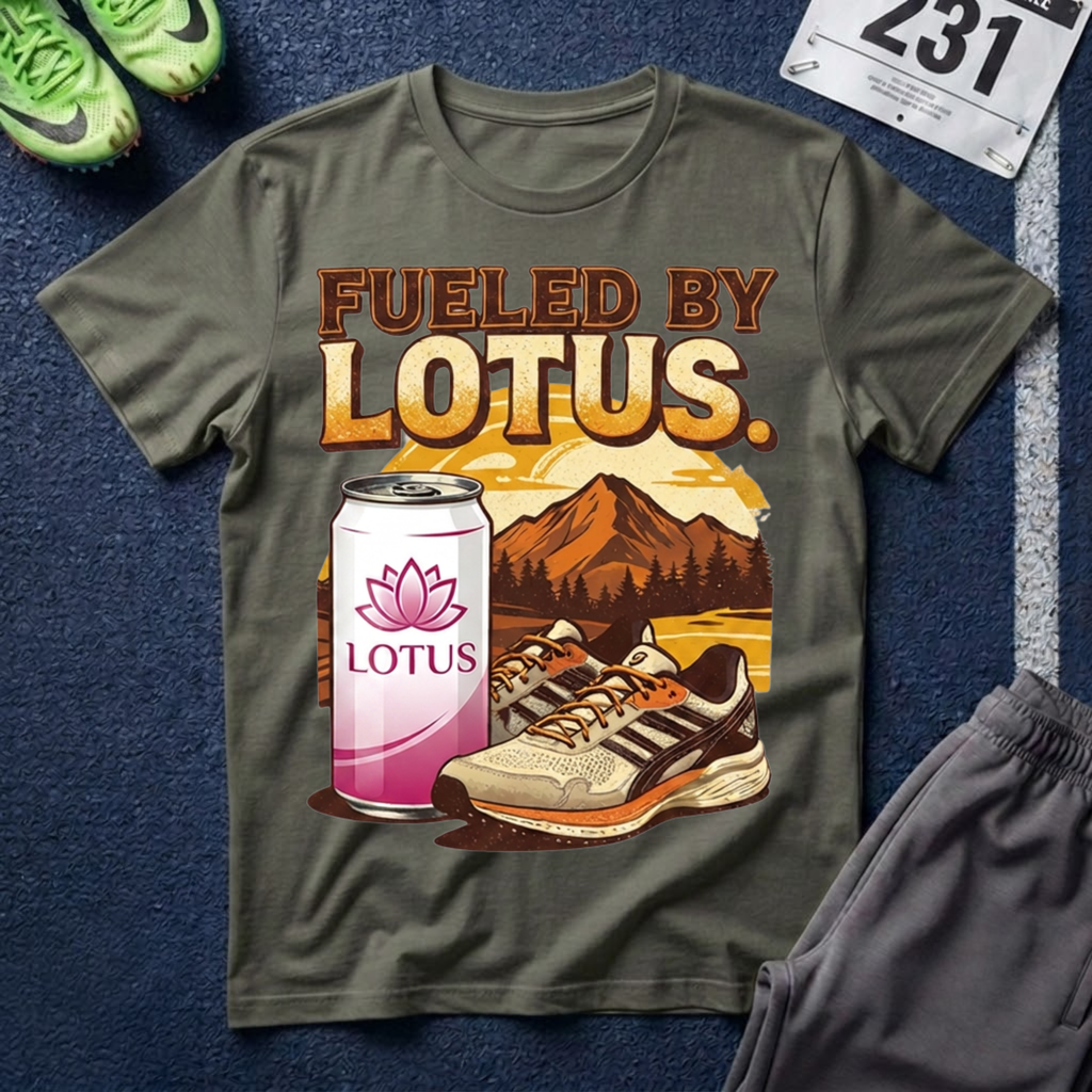 Fueled By Lotus T-Shirt — Retro Mountain Lotus Drink Graphic Tee