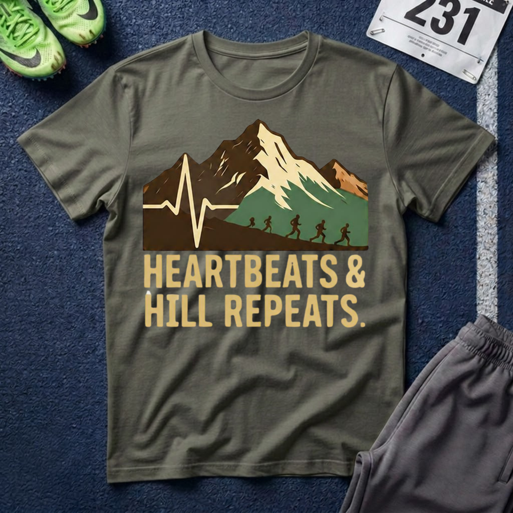 Hiking Mountain Tee — "Heartbeats & Hill Repeats" Outdoor Adventure T-Shirt