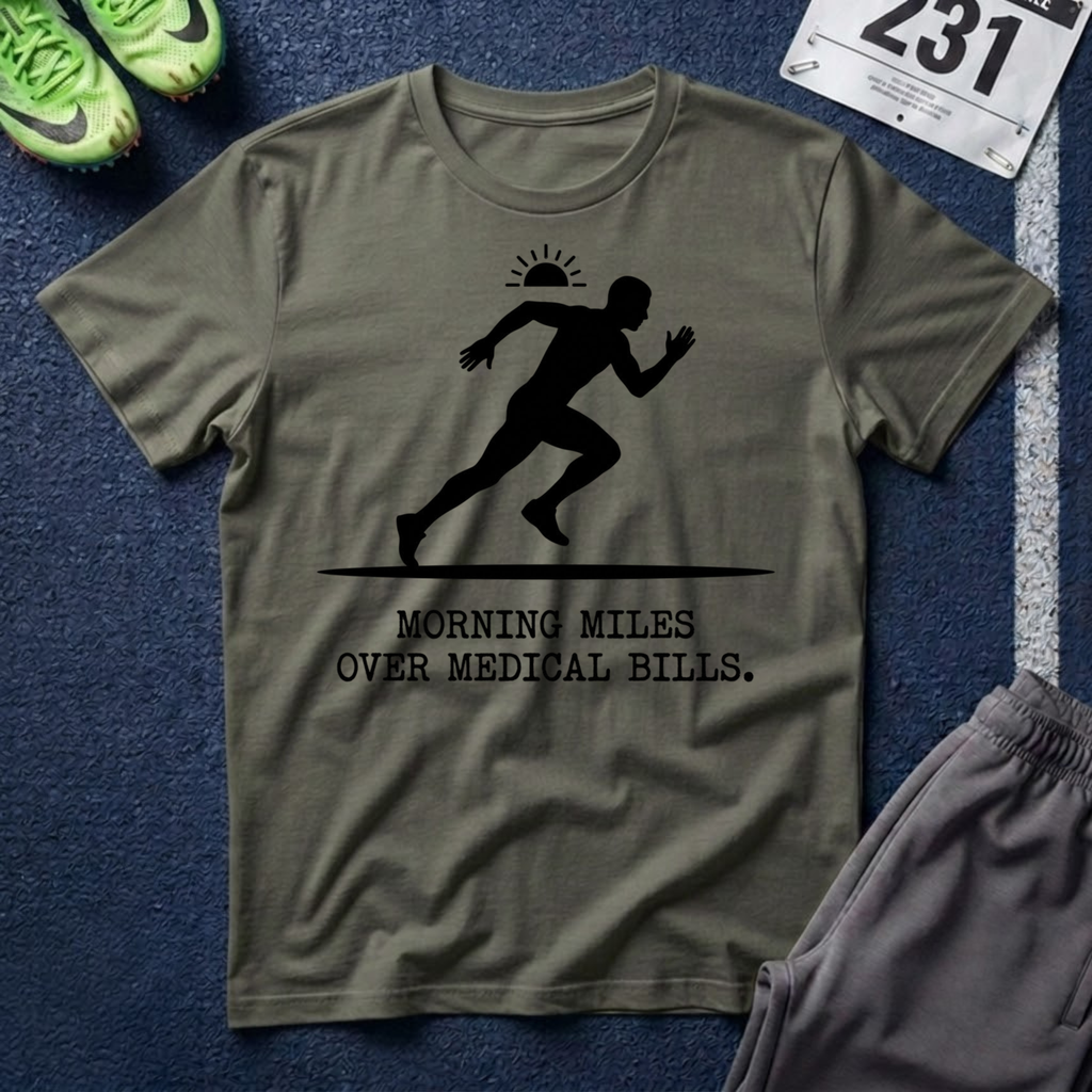 Running Silhouette T-Shirt — “Morning Miles Over Medical Bills”