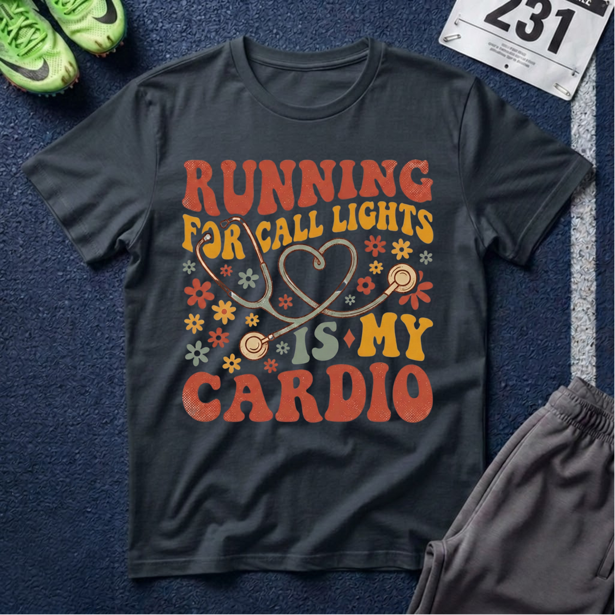 "Running For Call Lights Is My Cardio" T-Shirt - Nurse Stethoscope Retro Tee