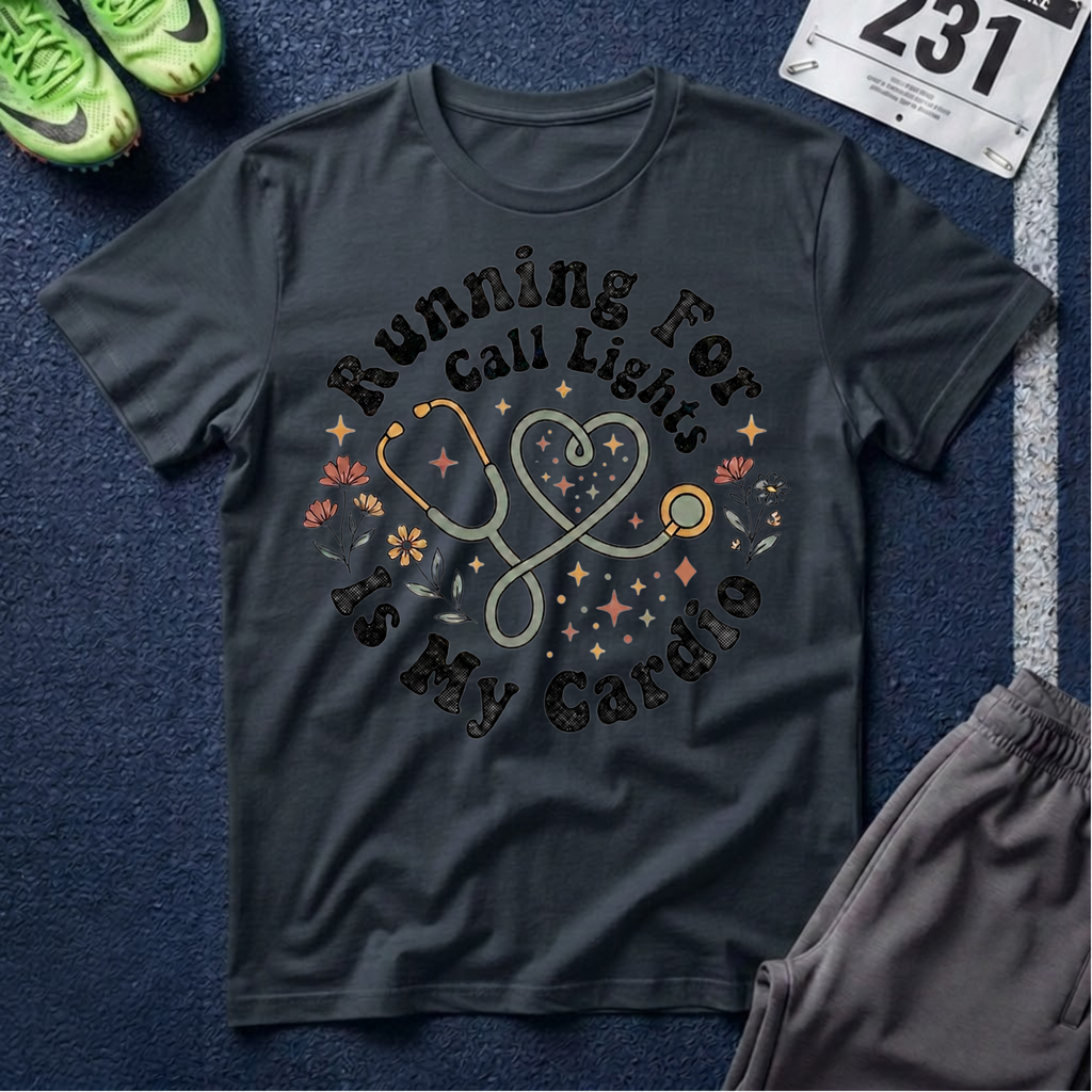 "Running For Call Lights Is My Cardio" T-Shirt - Nurse Stethoscope Tee