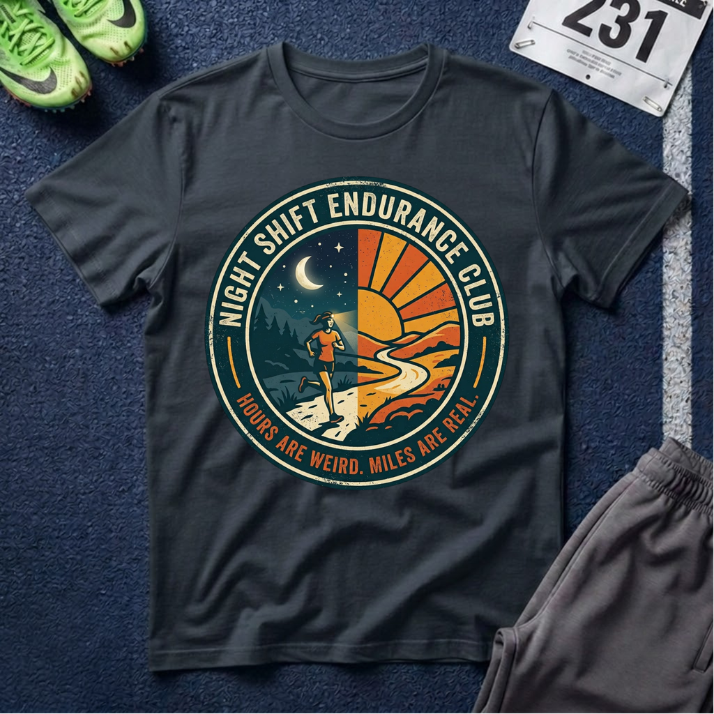 Night Shift Endurance Club T-Shirt — Retro Sunrise & Moon Hiker Tee