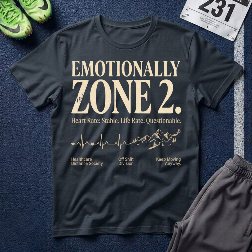 Emotionally Zone 2 T‑Shirt — "Heart Rate: Stable. Life Rate: Questionable."