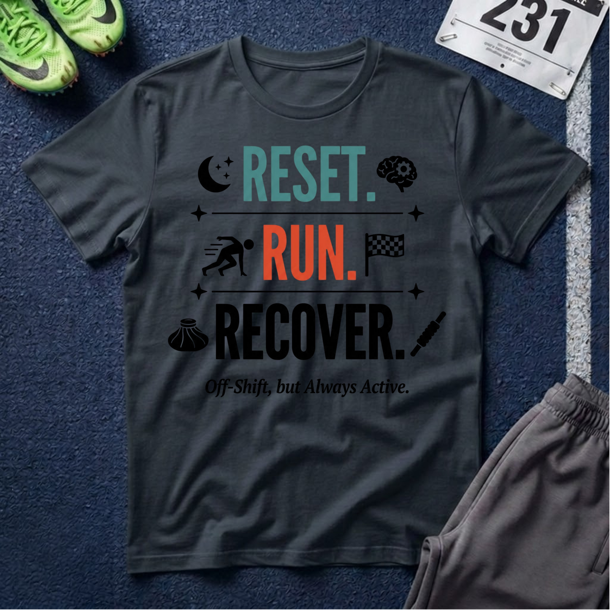 Run Recovery T-Shirt — "Reset. Run. Recover." Motivational Running Tee