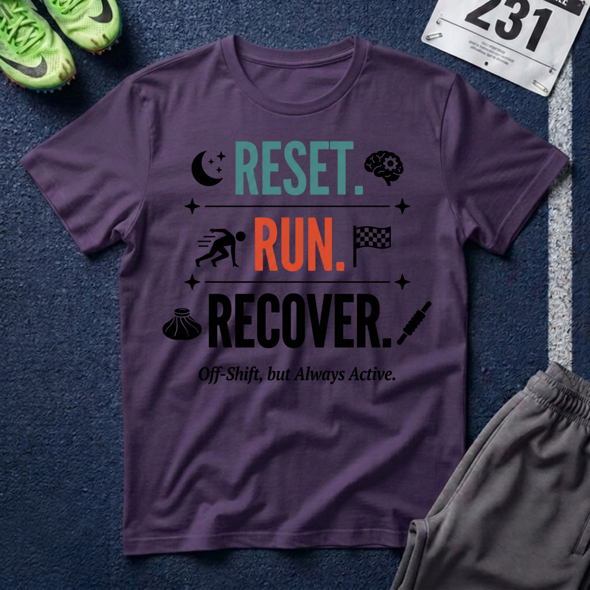 Run Recovery T-Shirt — "Reset. Run. Recover." Motivational Running Tee