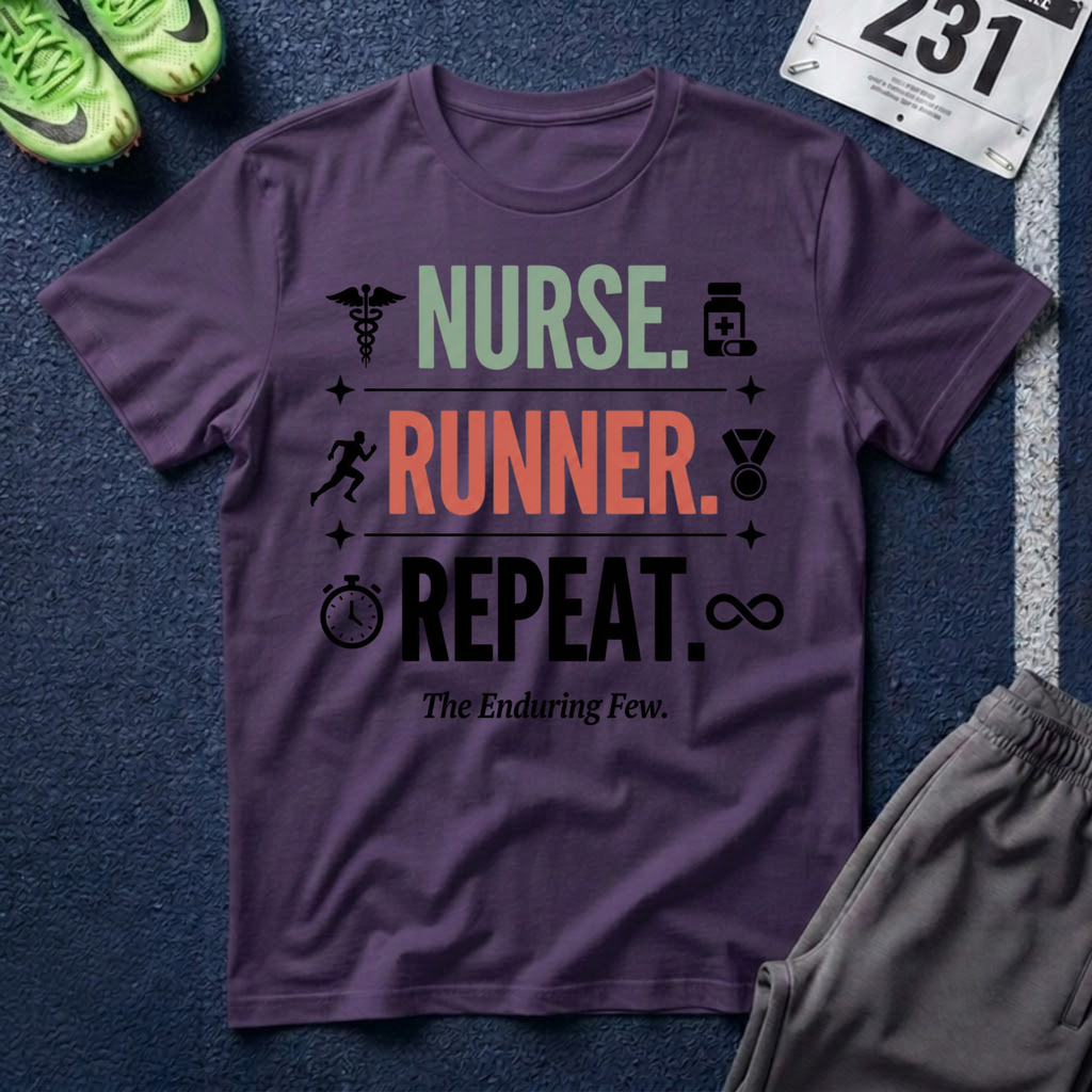 Nurse Runner T-Shirt — 'Nurse. Runner. Repeat.' Graphic Tee for Nurses Who Run