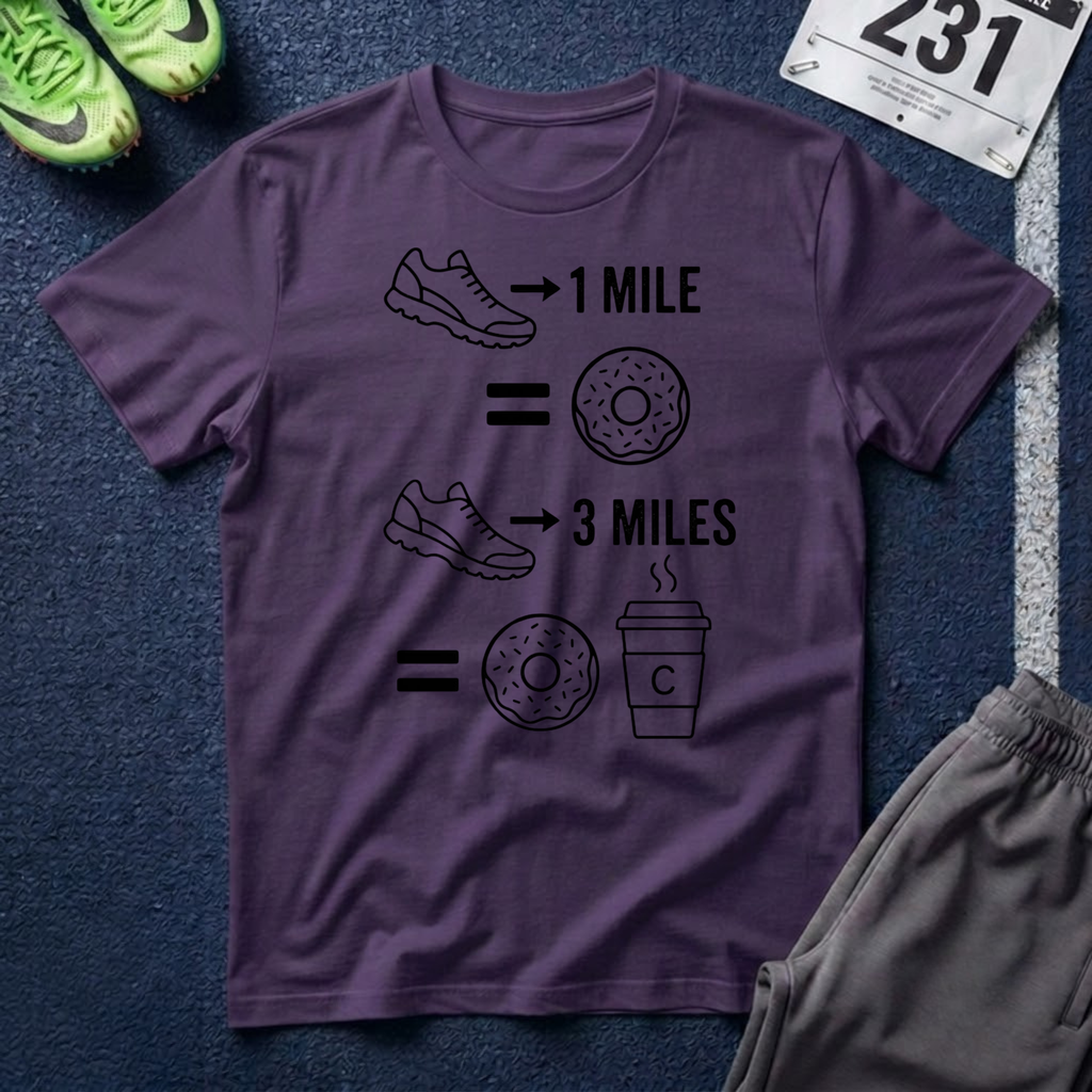 Running Equals Donuts T-Shirt — (1 Mile = Donut, 3 Miles = Coffee & Donut)