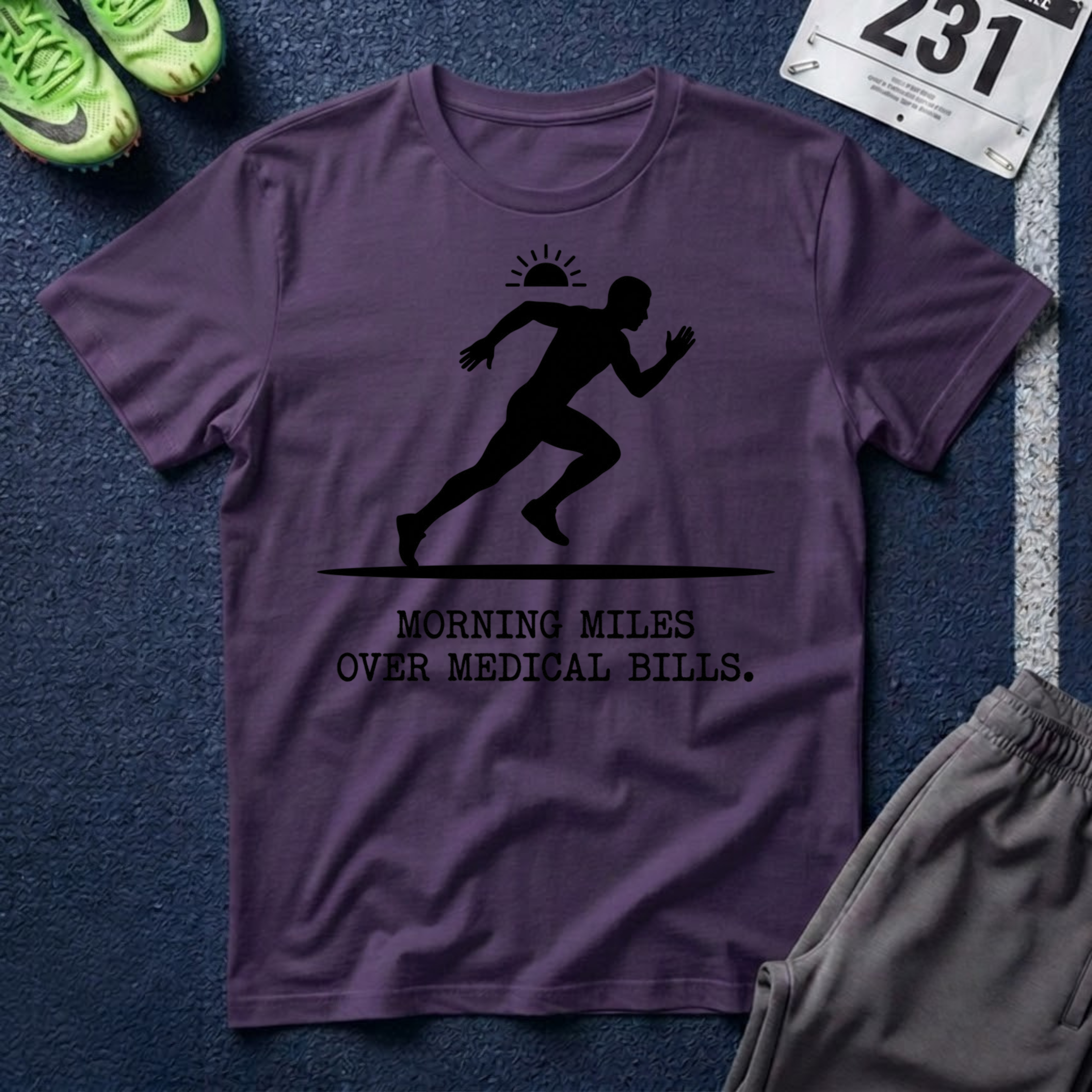 Running Silhouette T-Shirt — “Morning Miles Over Medical Bills”