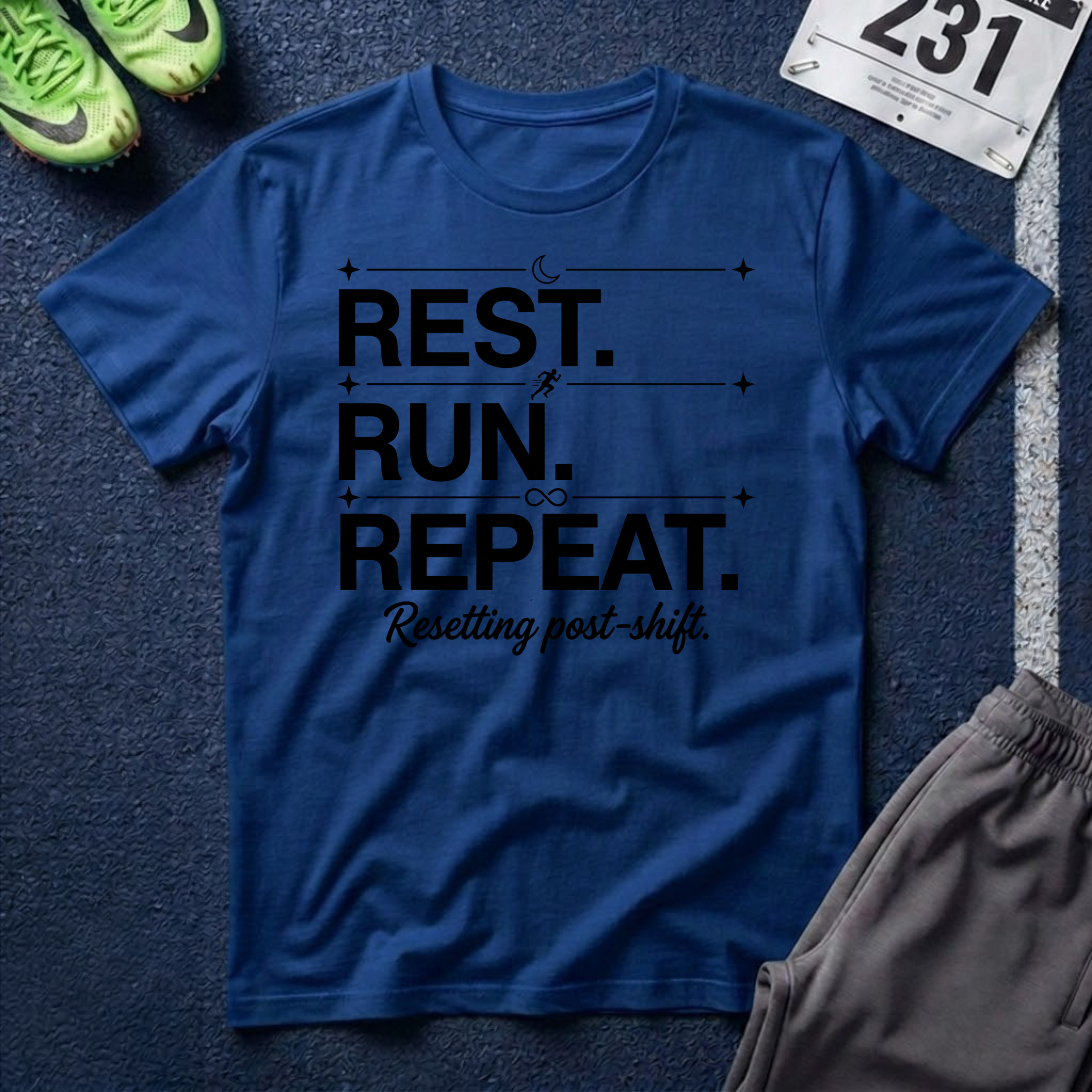 Rest. Run. Repeat. T-Shirt — Inspirational Runner Tee for Recovery & Training