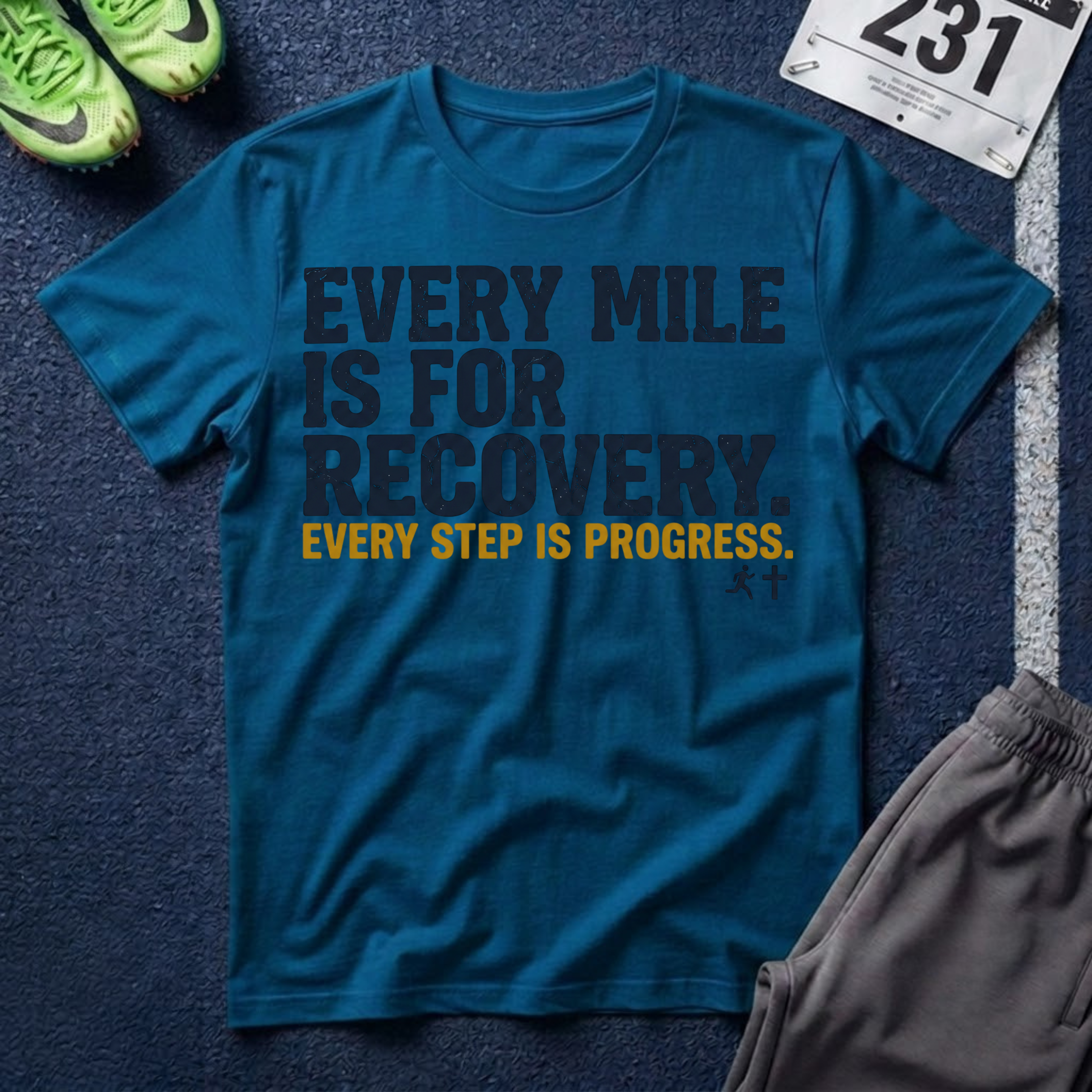 Recovery Running T-Shirt — "Every Mile Is For Recovery. Every Step Is Progress."