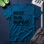 Rest. Run. Repeat. T-Shirt — Inspirational Runner Tee for Recovery & Training