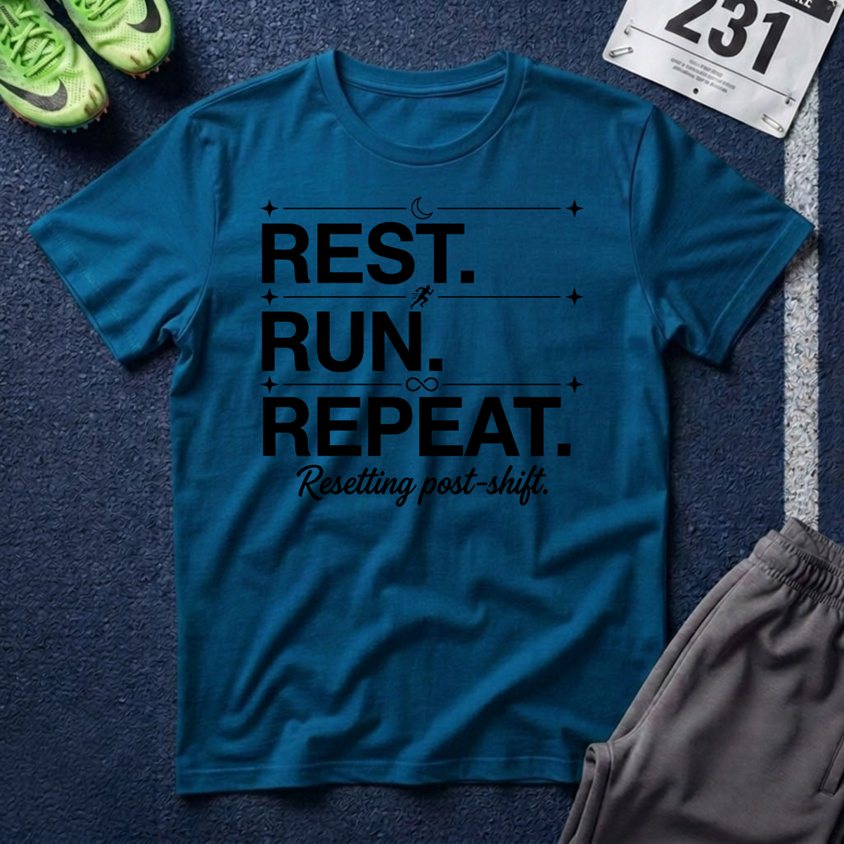 Rest. Run. Repeat. T-Shirt — Inspirational Runner Tee for Recovery & Training
