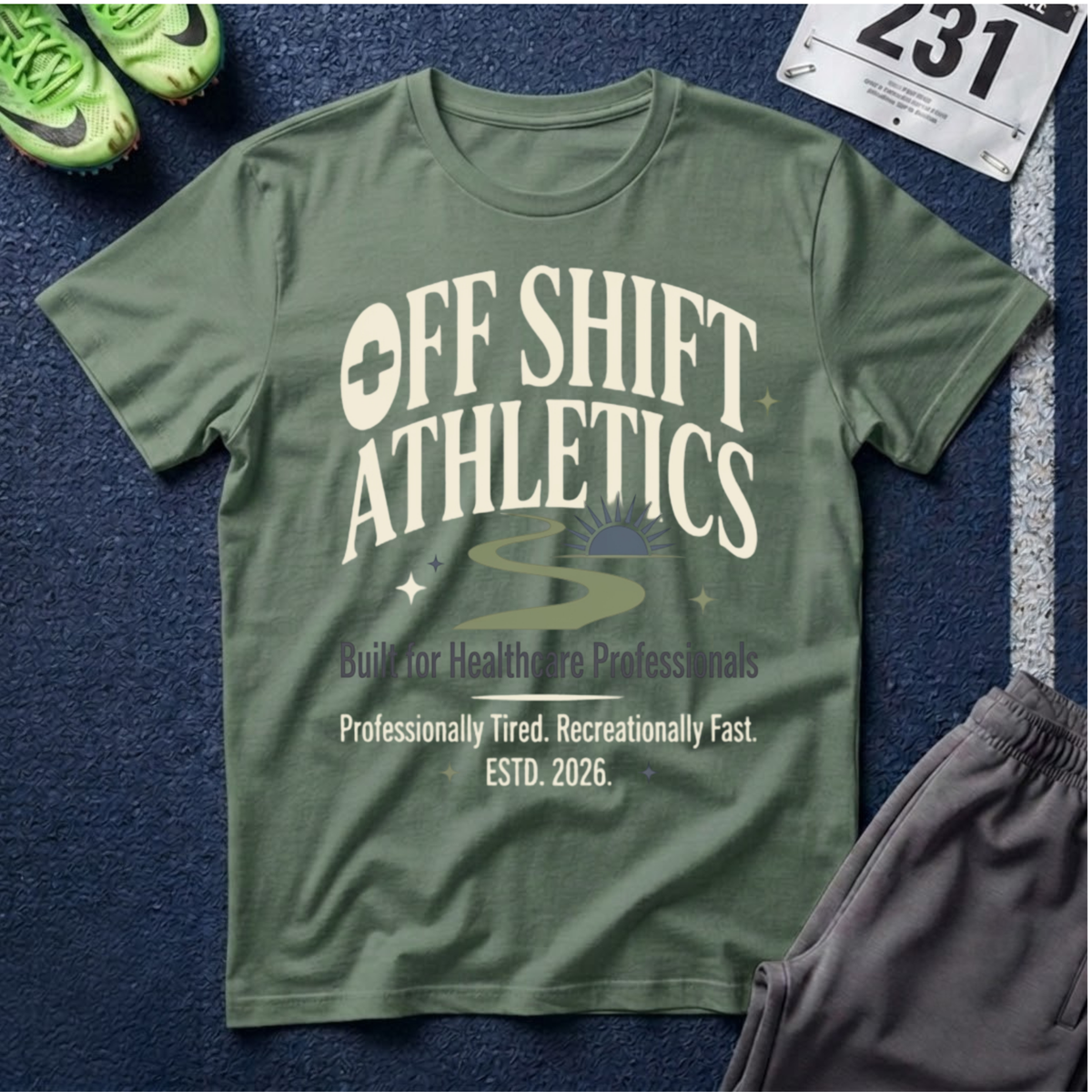 Off Shift Athletics T-Shirt — Comfortable Tee for Healthcare Workers & Night Shift Crew